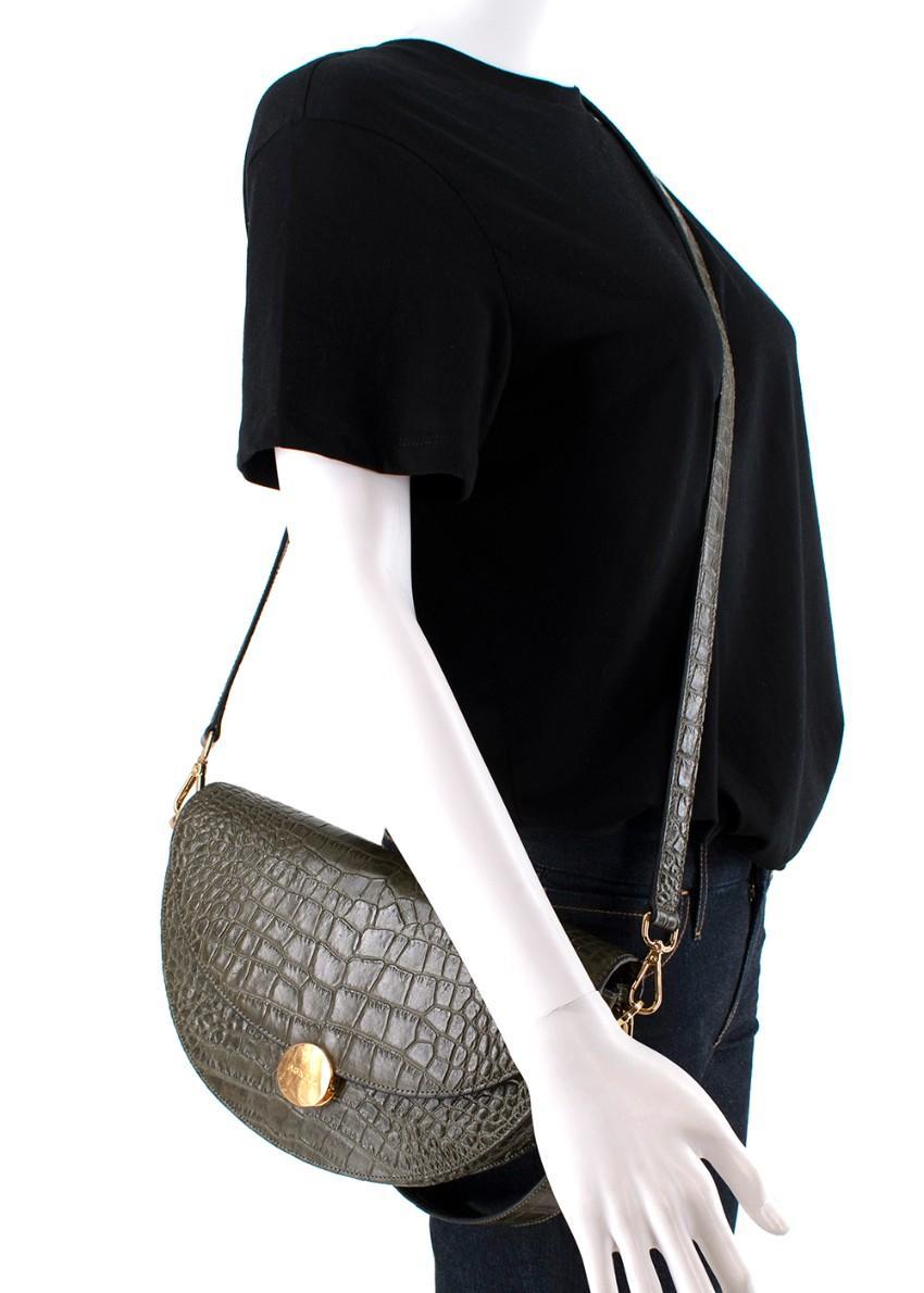 Agneel Nora Dark Green Croc Embossed Leather Half-Moon Shoulder Bag In New Condition For Sale In London, GB