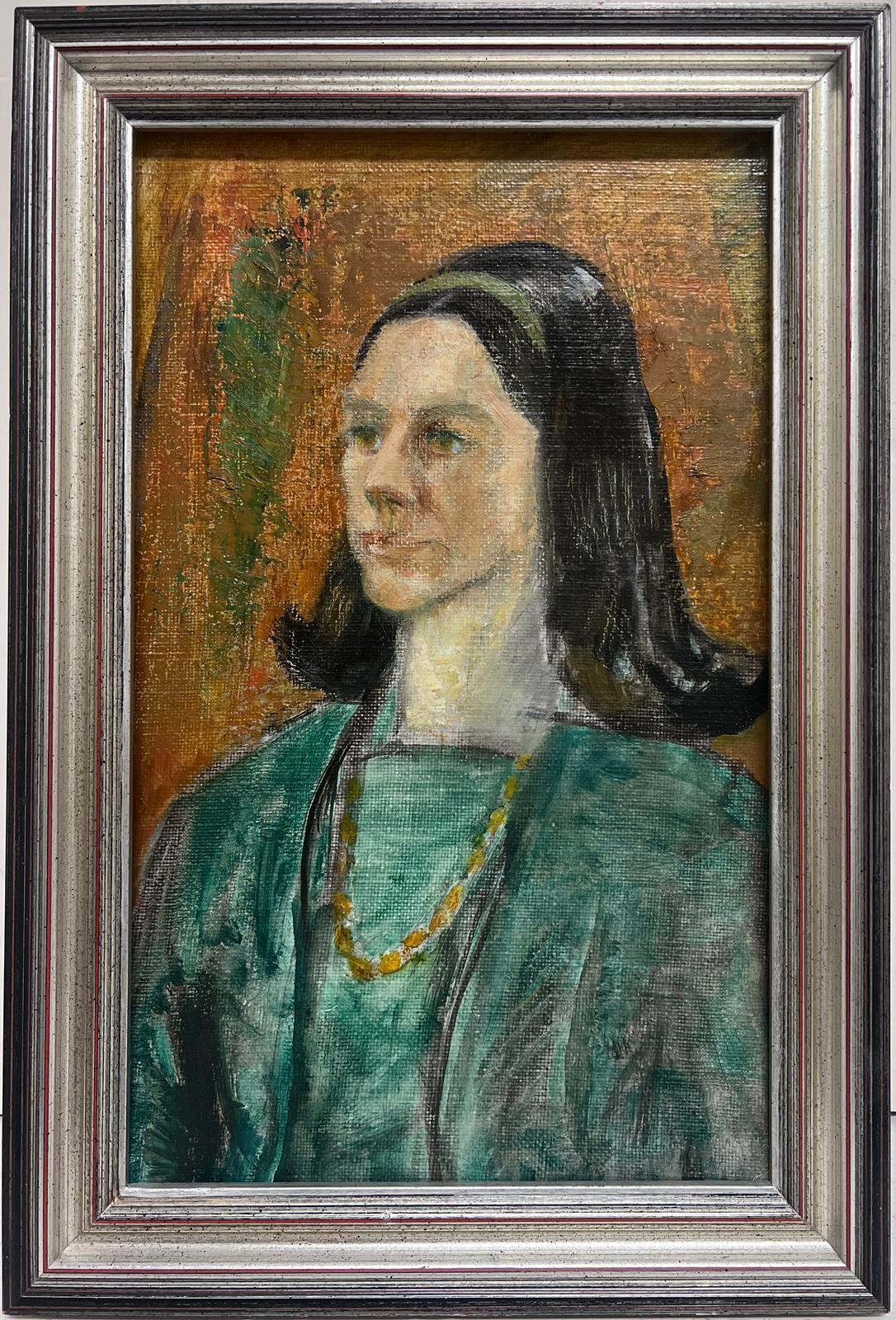1970's British Portrait of Lady in Green Jacket Long Brown Hair, oil painting - Painting by Agnes Annabel Kidston