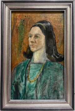 1970's British Portrait of Lady in Green Jacket Long Brown Hair, oil painting