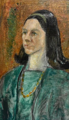 Portrait britannique des années 1970 d'une dame en veste verte et aux longs cheveux Brown, peinture à l'huile