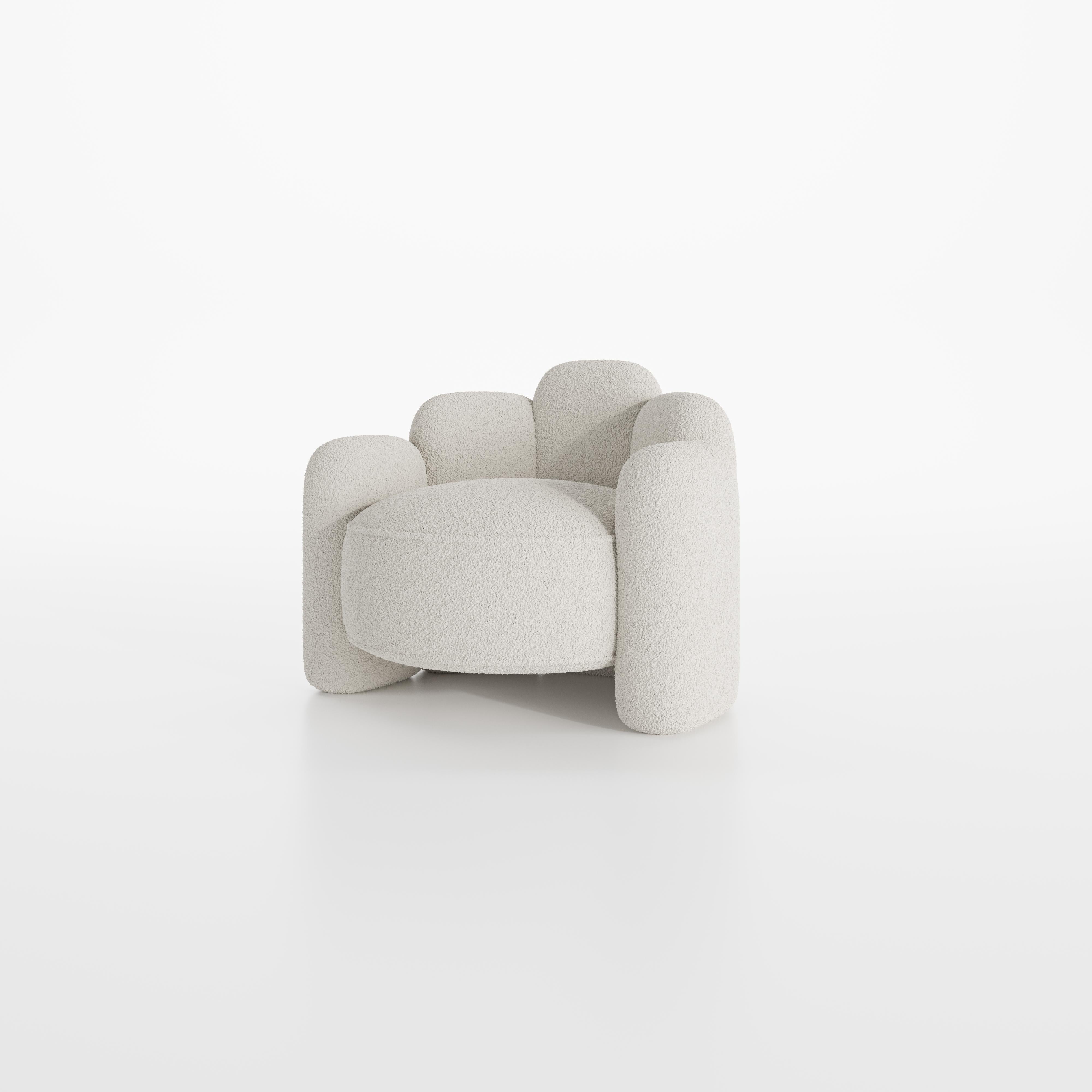 Crafted with symmetrical curves and adorned with a premium touch of bouclé, Agnes is an accent chair that effortlessly stands out in a room.
The presence of this accent chair transcends mere furniture, it's an artistic expression that melds into