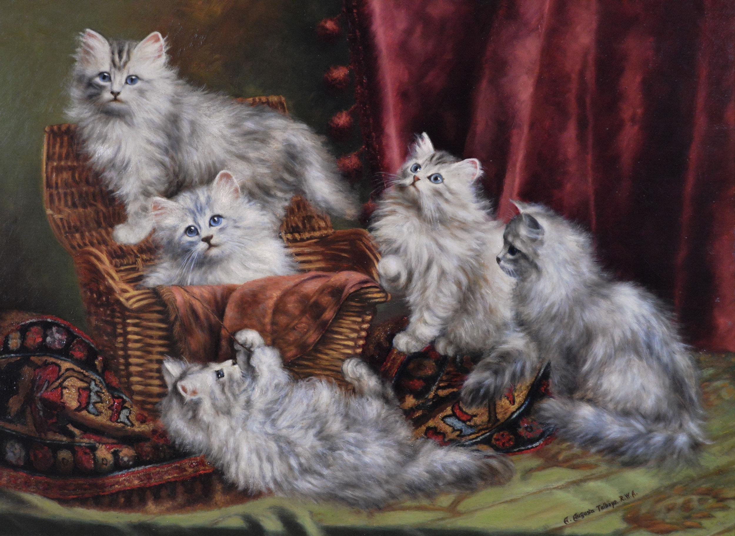 Genre animal oil painting of Persian kittens - Painting by Agnes Augusta Talboys