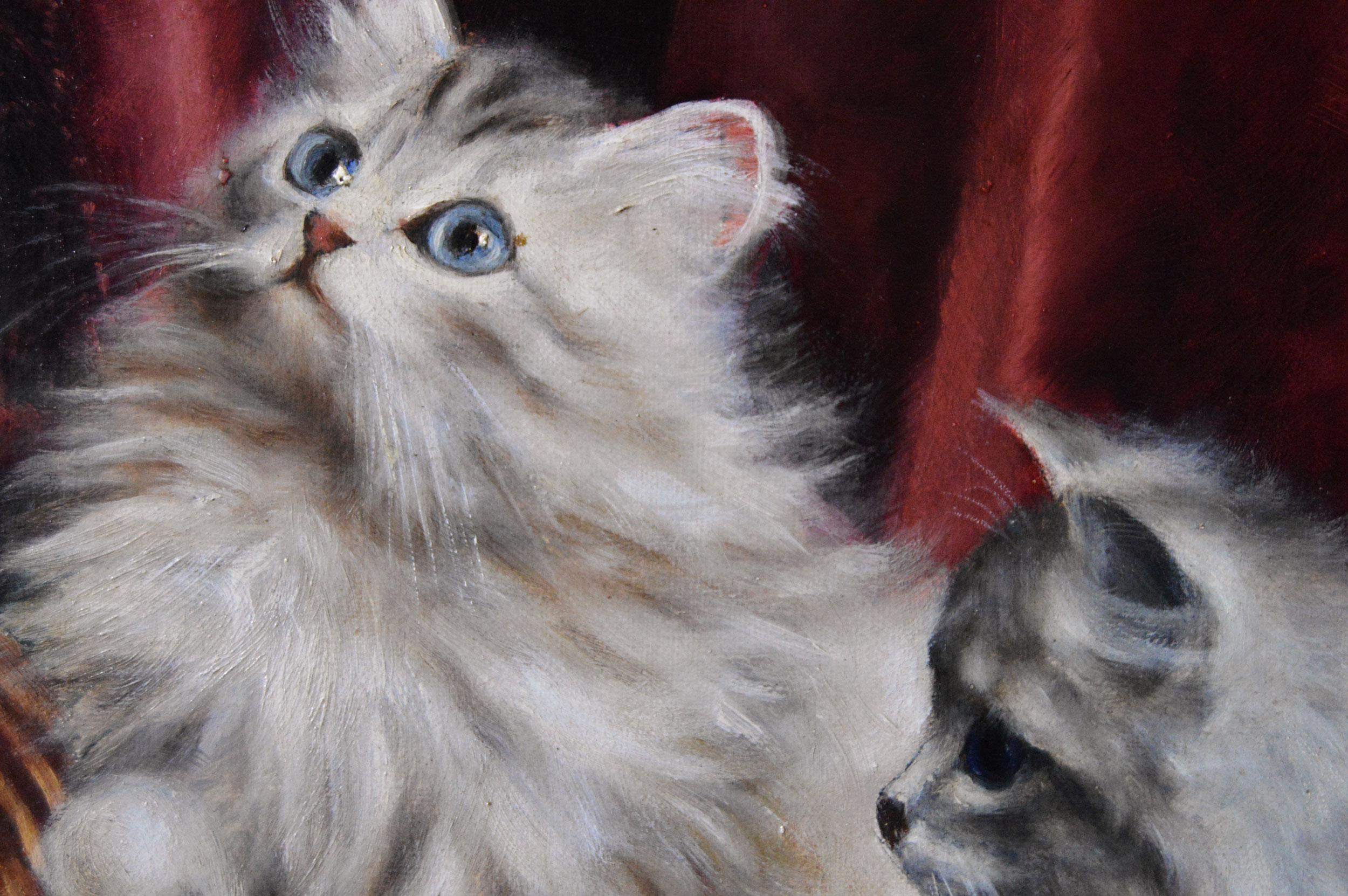Genre animal oil painting of Persian kittens - Victorian Painting by Agnes Augusta Talboys