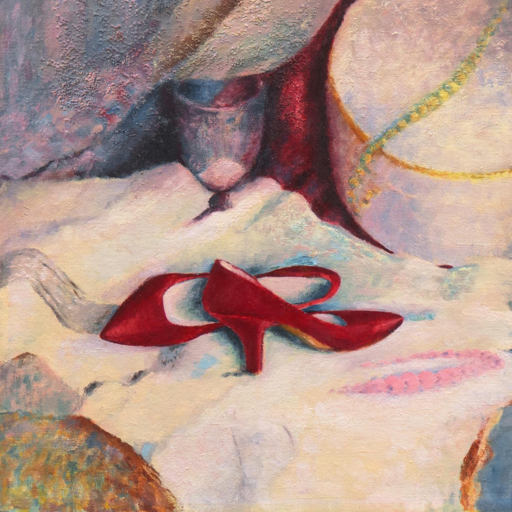 'Bombas Rojas', Zapatos de Moda de Mujer, Sombrero y Sombrerera, Aceite Intimista Grande, Boudoir - Still-Life Painting Marrón de Agnes B