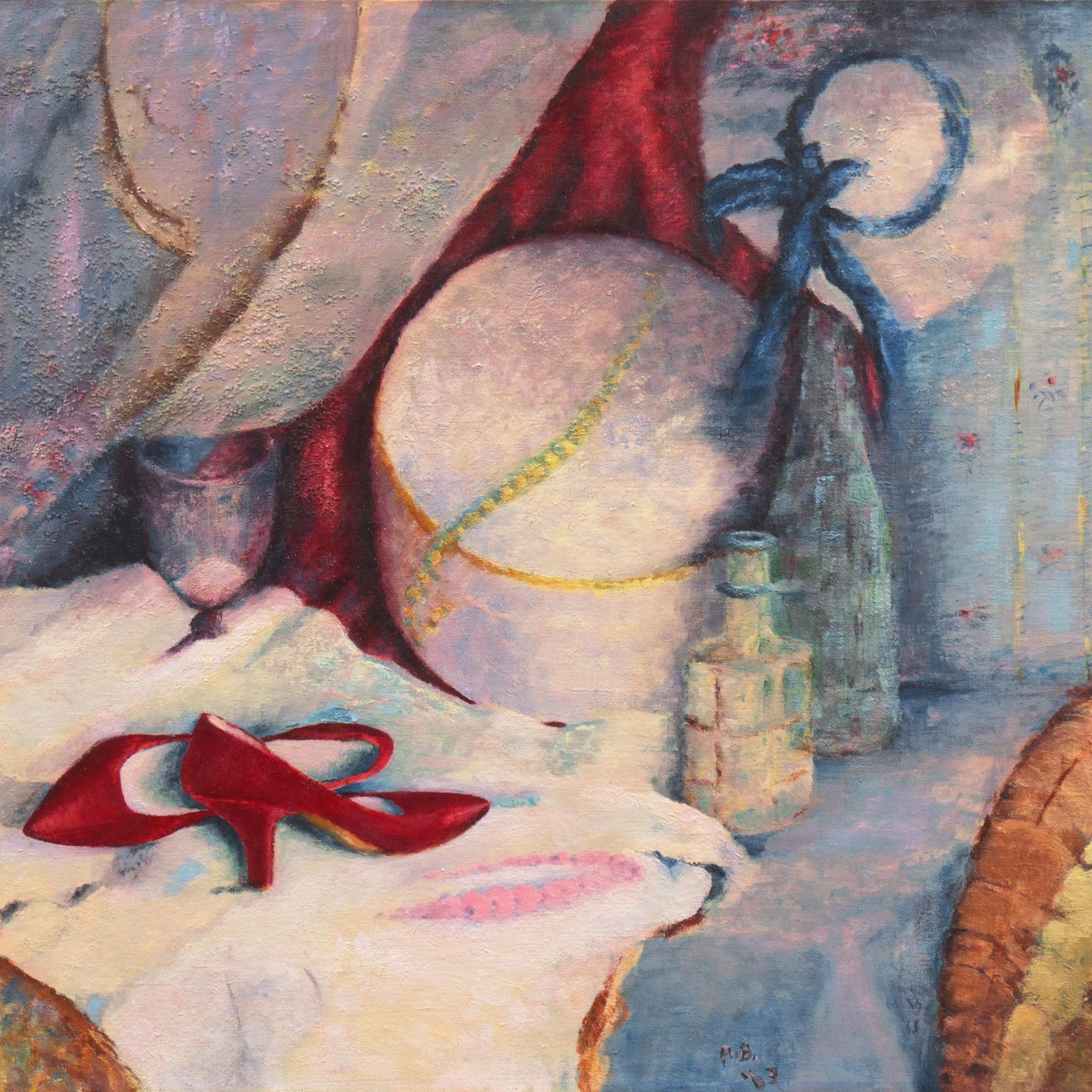 'Red Pumps', Women's Fashion Shoes, Hat & Hatbox, Large Intimiste Oil, Boudoir - Impressionist Painting by Agnes B