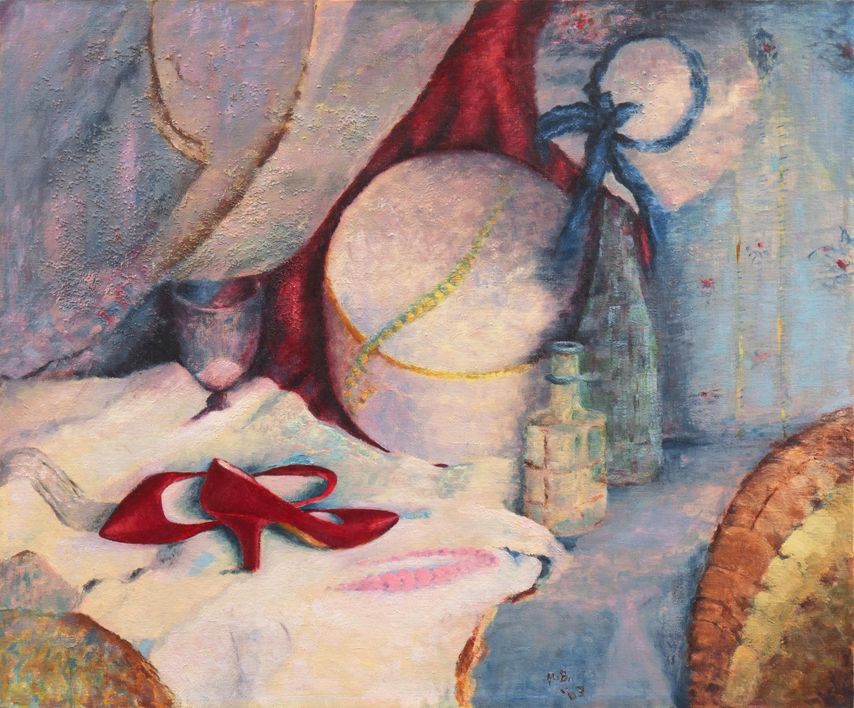 Agnes B Still-Life Painting - 'Red Pumps', Women's Fashion Shoes, Hat & Hatbox, Large Intimiste Oil, Boudoir