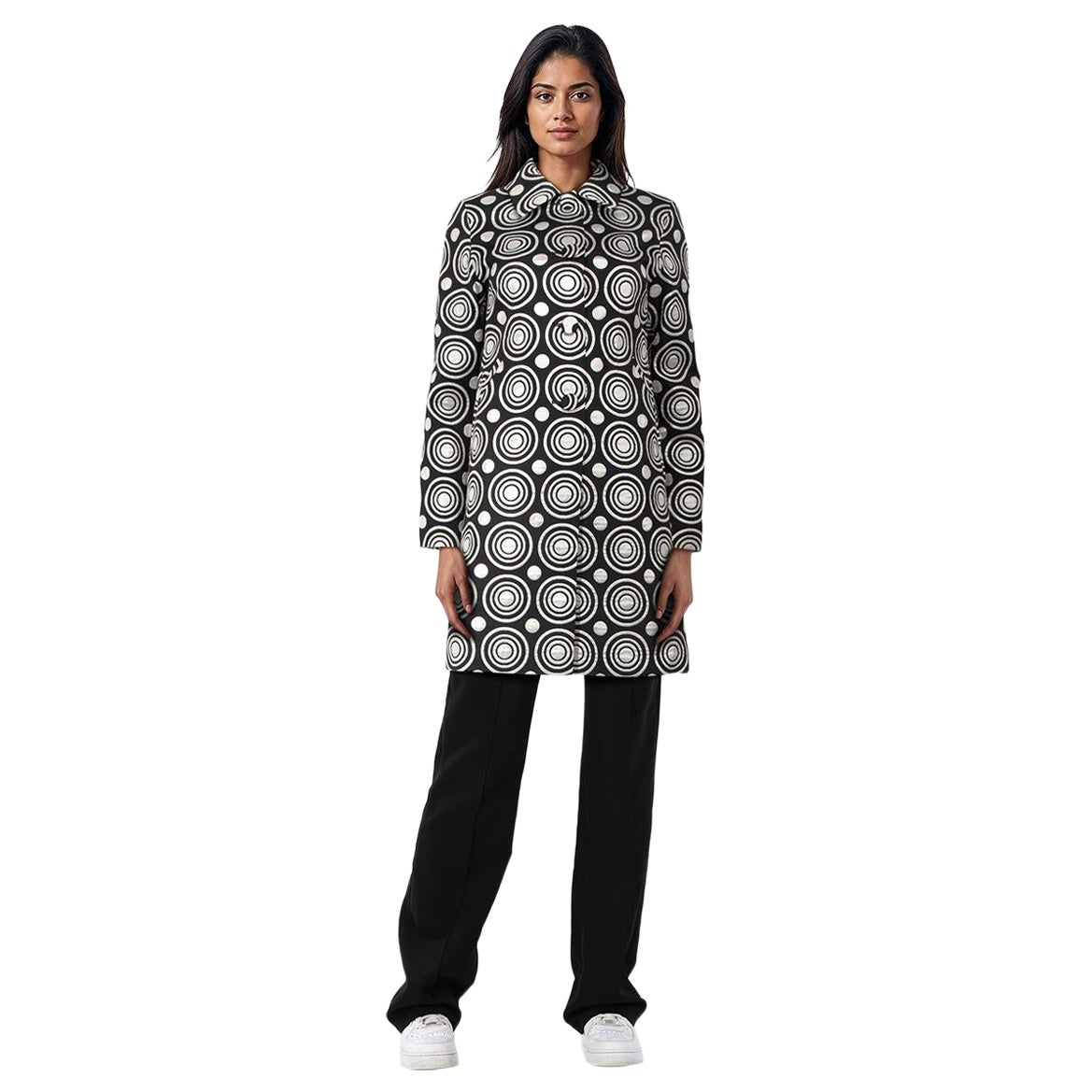 Agnès B. Black 
Silver Circle Pattern Coat Size L For Sale