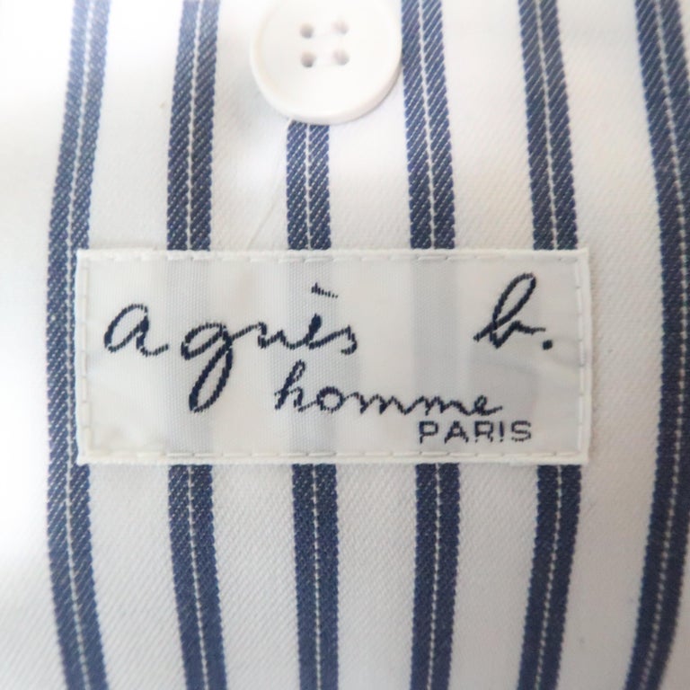 AGNES B. HOMME 36 White and Blue Stripe Polyester / Cotton Notch Lapel ...