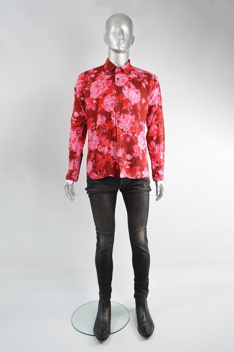 Agnes B Homme Vintage Men's Pink Floral Print Cotton Long Sleeve Shirt