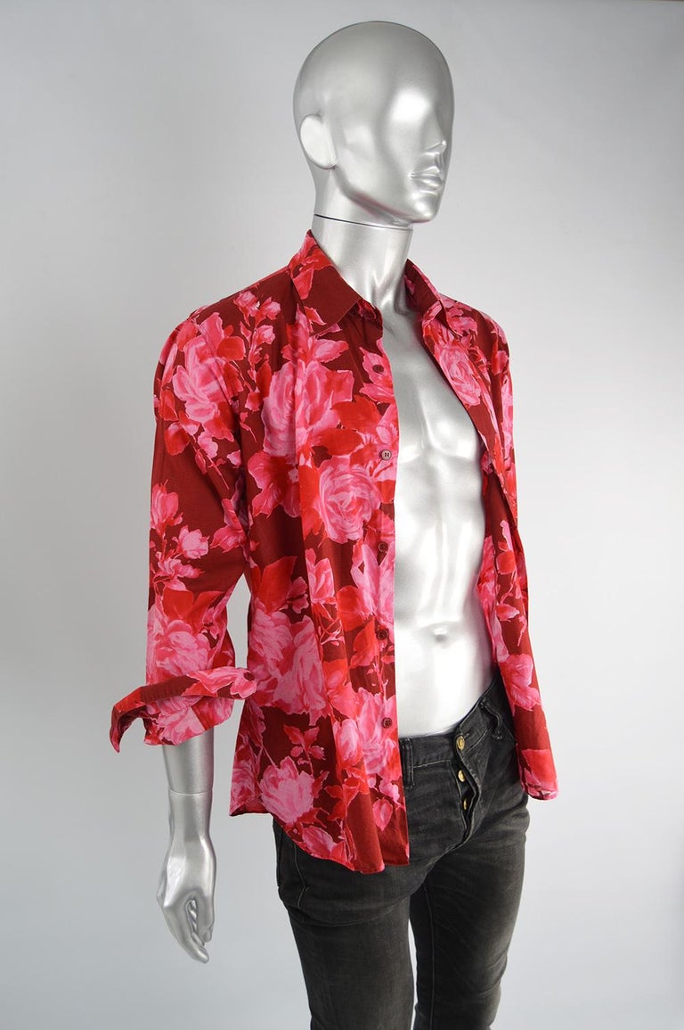 Agnes B Homme Vintage Men's Pink Floral Print Cotton Long Sleeve Shirt