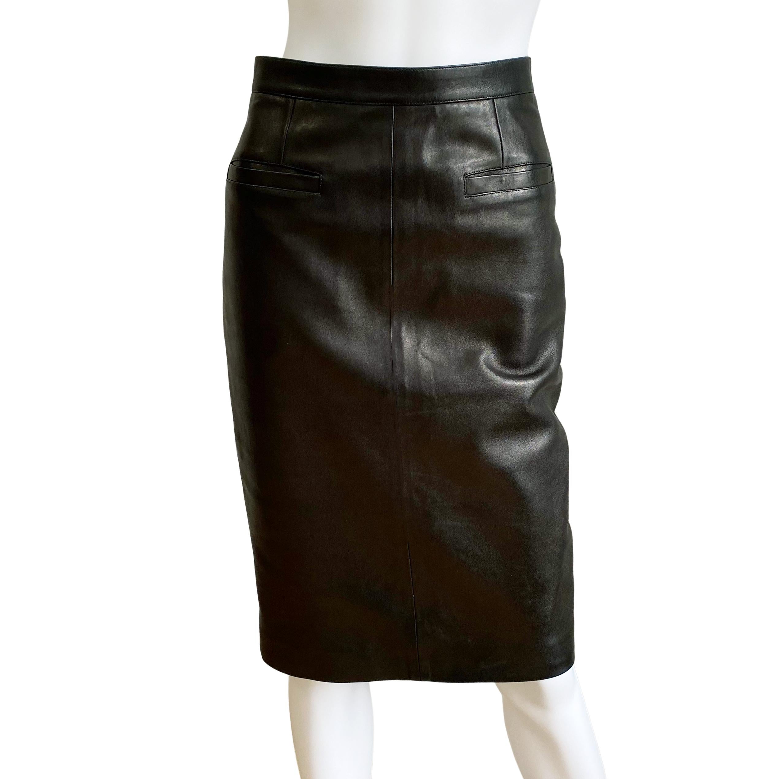 Perfectly classy and so French chic! 
AGNÈS B. Made in France Lambskin Black Leather Skirt with 2 Pockets.
Luxuriously buttery soft and subtle feel. Completely lined.
Approximately 24.25