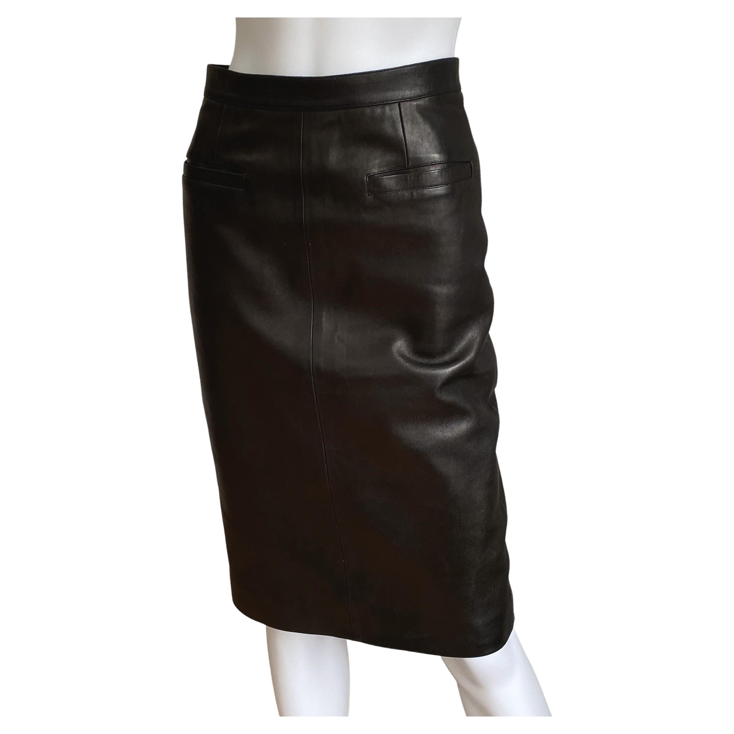 AGNÈS B. Made in France Lambskin Black Leather Skirt with Pockets For Sale