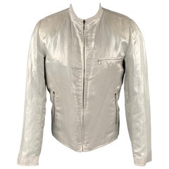 AGNÈS B. Taille 42 Silver Metallic Linen Blend Zip Up Jacket (Veste zippée en lin mélangé)