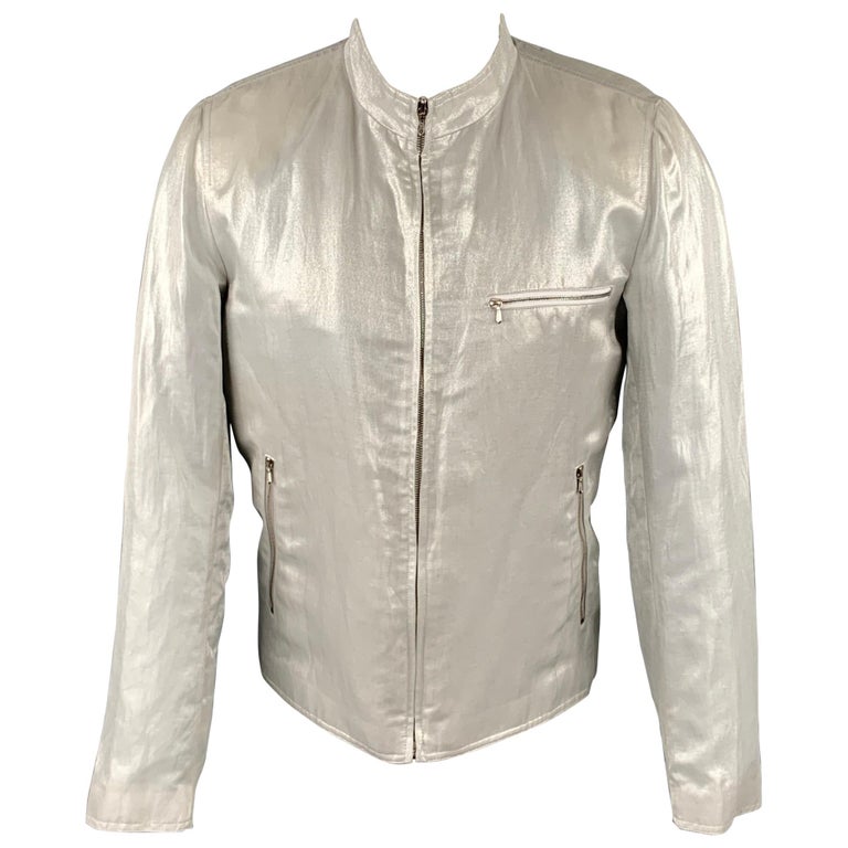 AGNÈS B. Size 42 Silver Metallic Linen Blend Zip Up Jacket