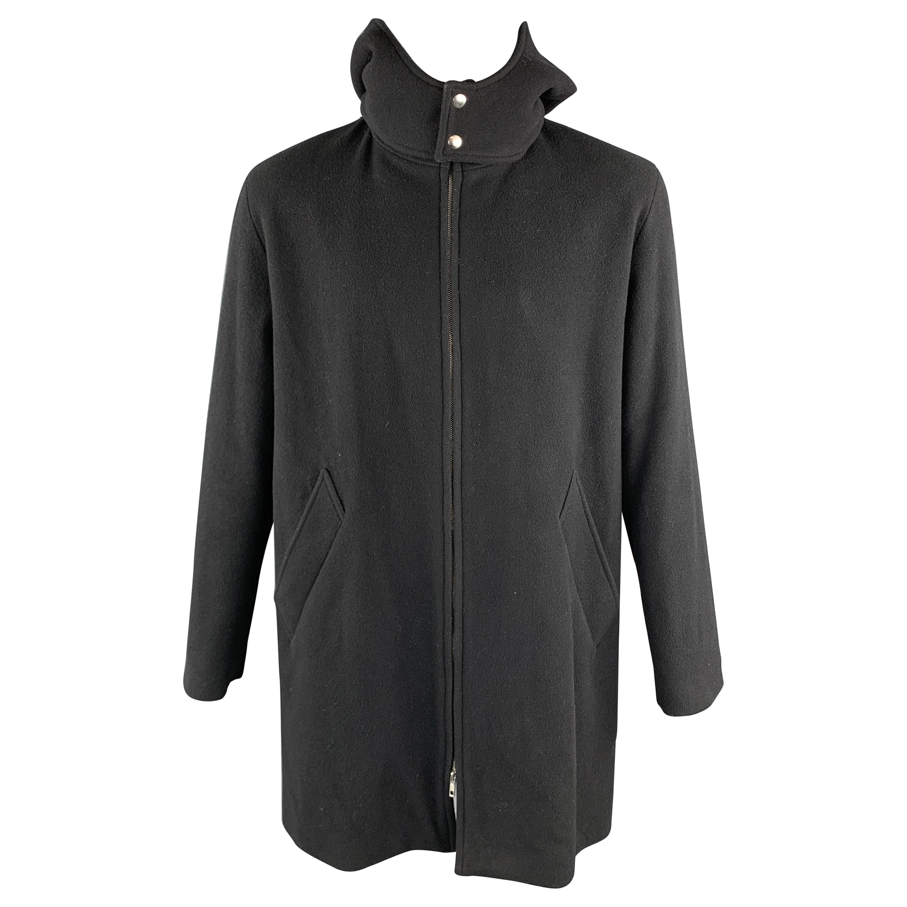 AGNES B. Size 46 Black Wool Blend Detachable Hood Zip Up Coat at 1stDibs