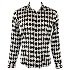 AGNES B. Size L Black & White Rhombus Print Cotton Long Sleeve Shirt