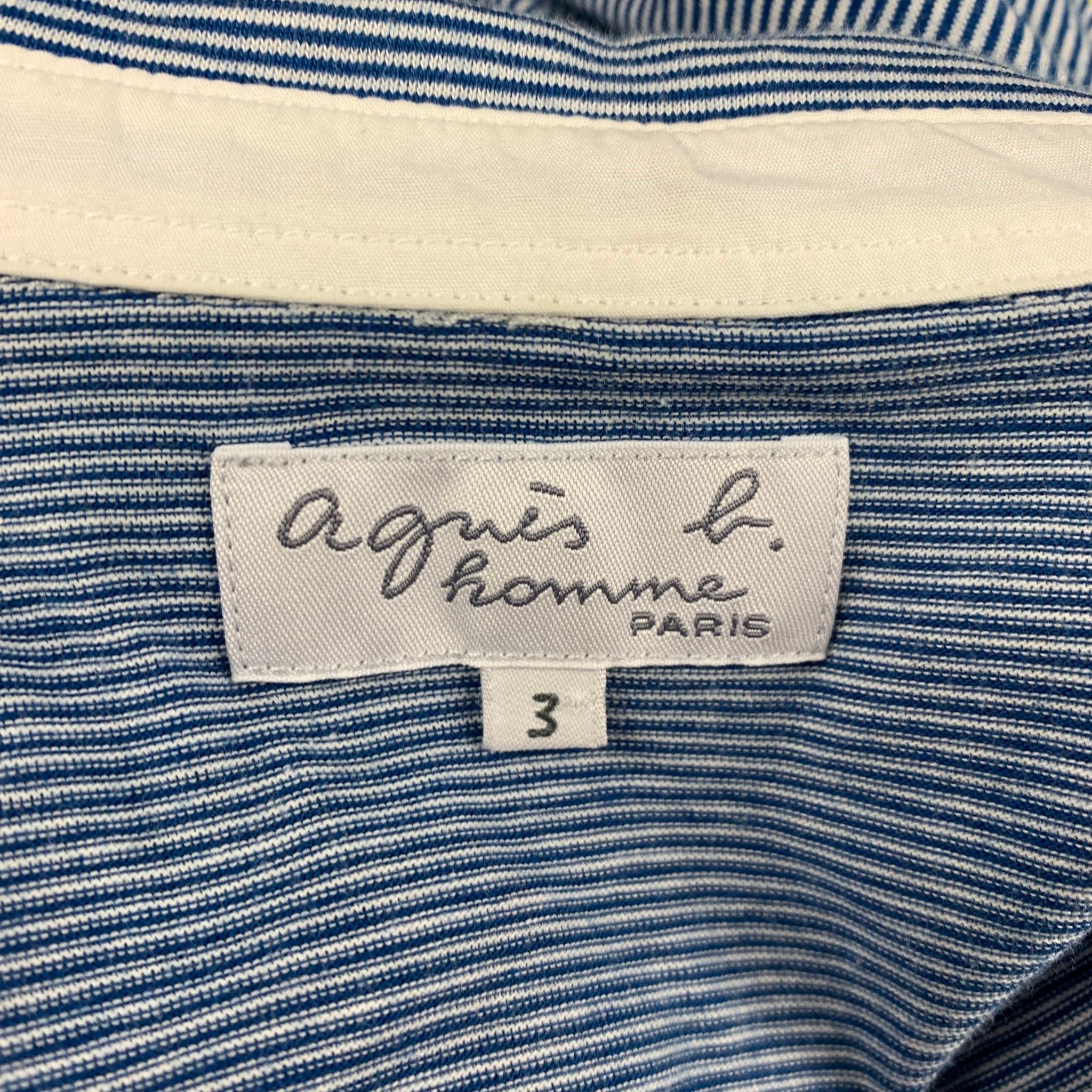 Men's AGNÈS B. Size L Blue White Stripe Cotton Button Down Long Sleeve Shirt