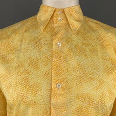 AGNES B. Size L Yellow Snake Skin Print Textured Cotton Button Up Long Sleeve Sh