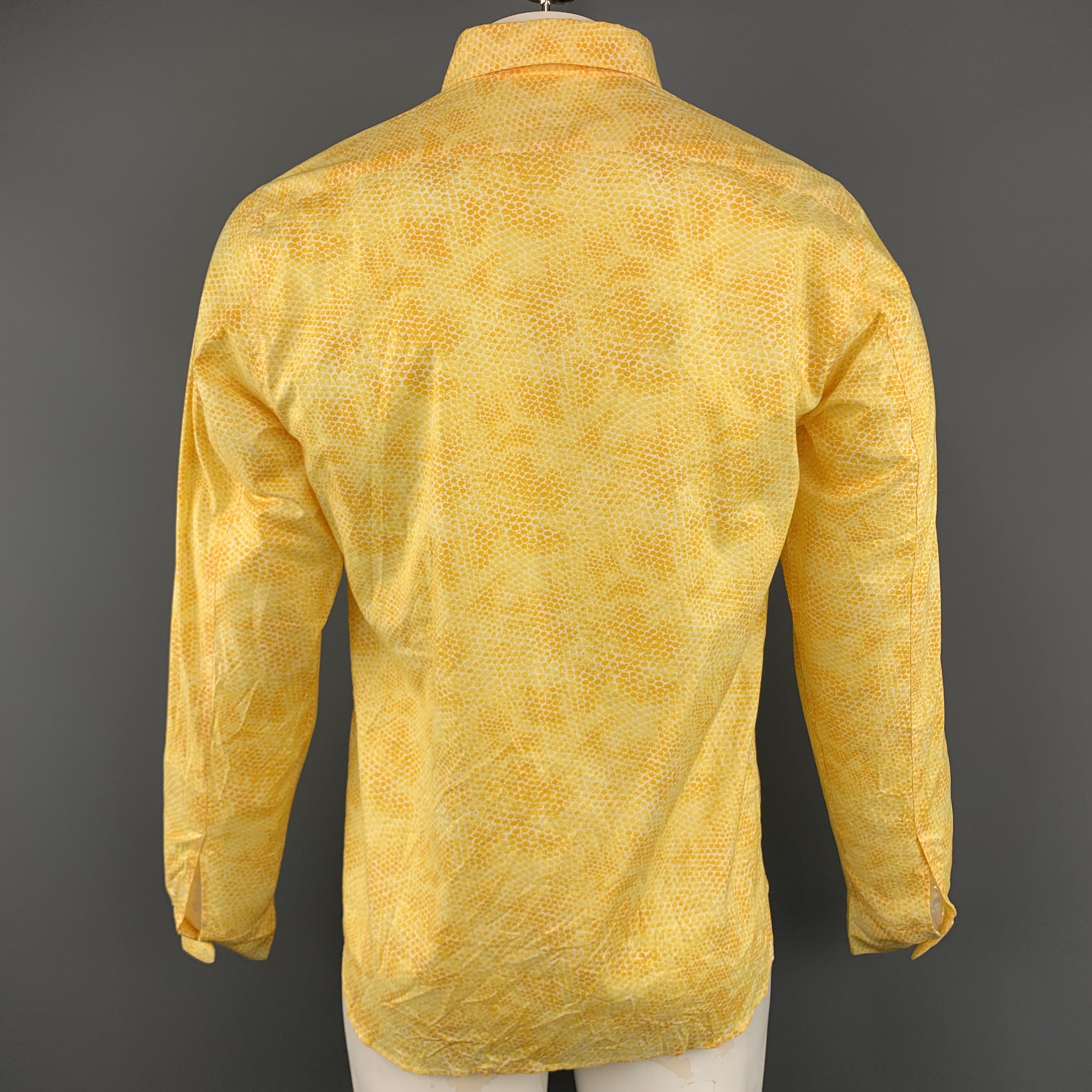 AGNES B. Size L Yellow Snake Skin Print Textured Cotton Button Up Long Sleeve Sh In Excellent Condition In San Francisco, CA