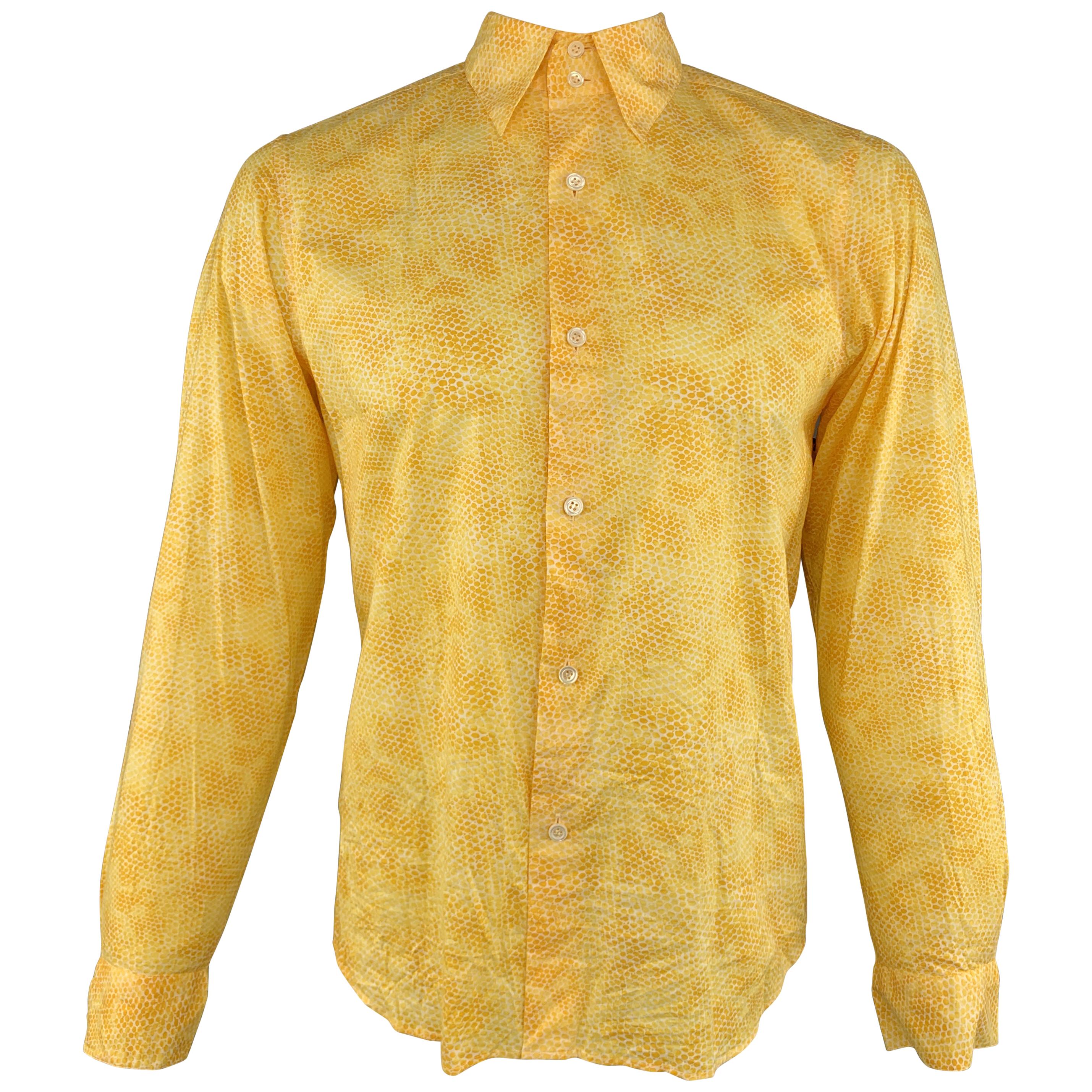 AGNES B. Size L Yellow Snake Skin Print Textured Cotton Button Up Long Sleeve Sh