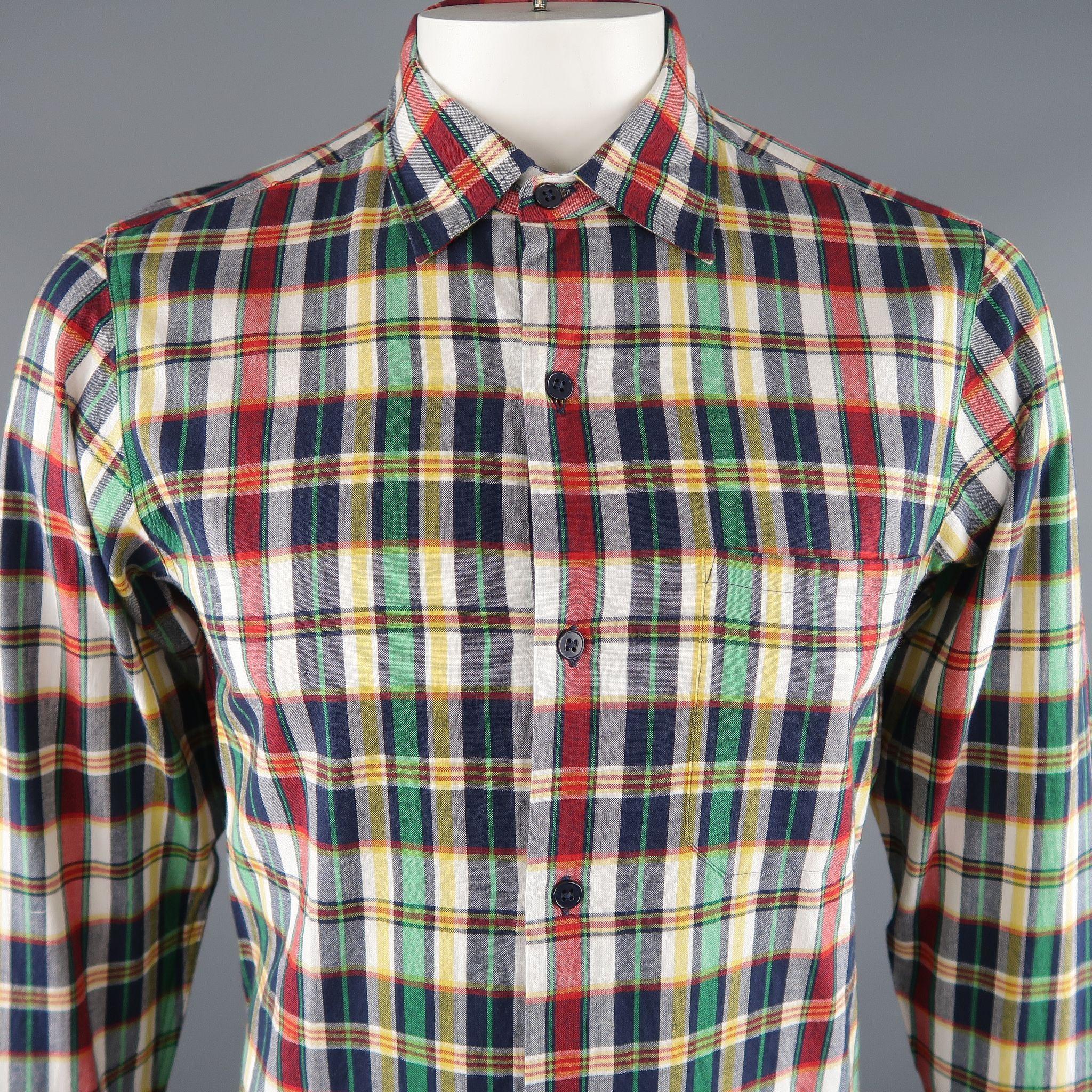 AGNES B. Long Sleeve Shirt comes in multi-color tones in a plaid cotton material, with a patch pocket at front, button up.

Excellent Pre-Owned Condition.
Marked: 38

Measurements:

Shoulder: 15.5 in.
Chest: 41 in.
Sleeve: 26 in.
Length: 32 in.