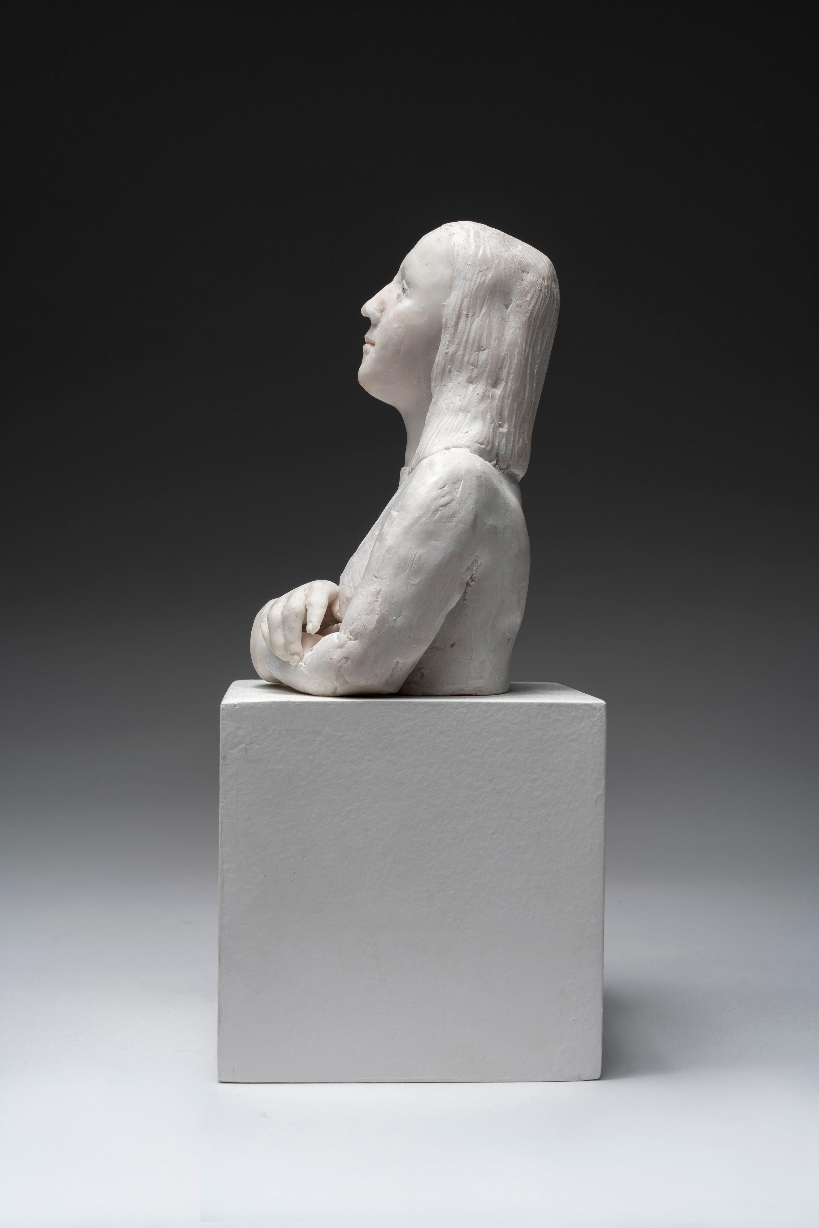 Bust with small bust inside torso on pedastool: 'Petit cri du coeur' - Sculpture by Agnes Baillon