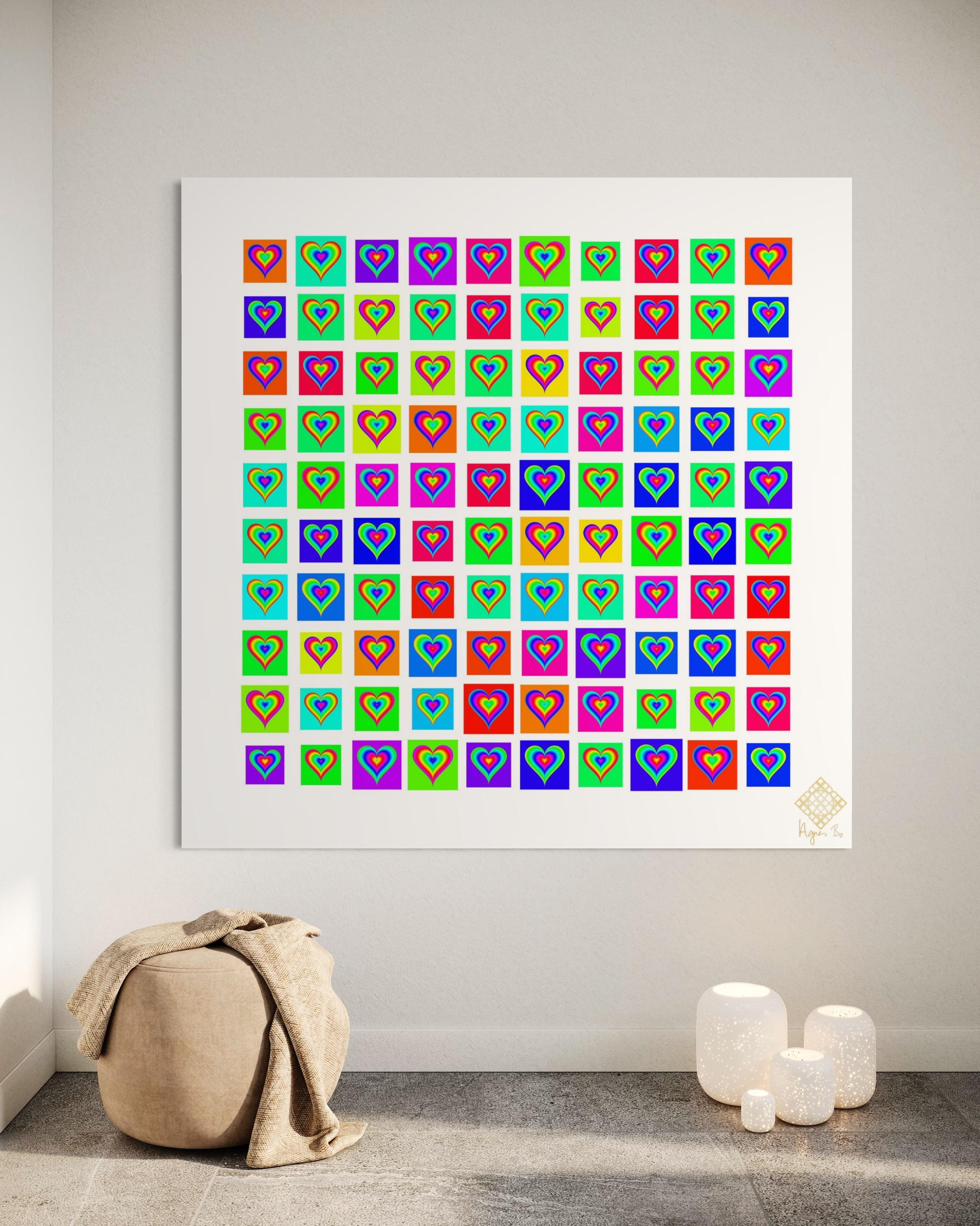 100 Rainbow Hearts is an all-inclusive, lively and energizing piece of art that is suitable for all diverse and all inclusive communities as a publicly displayed art, or as an intimate and heartwarming statement piece of art in any home or