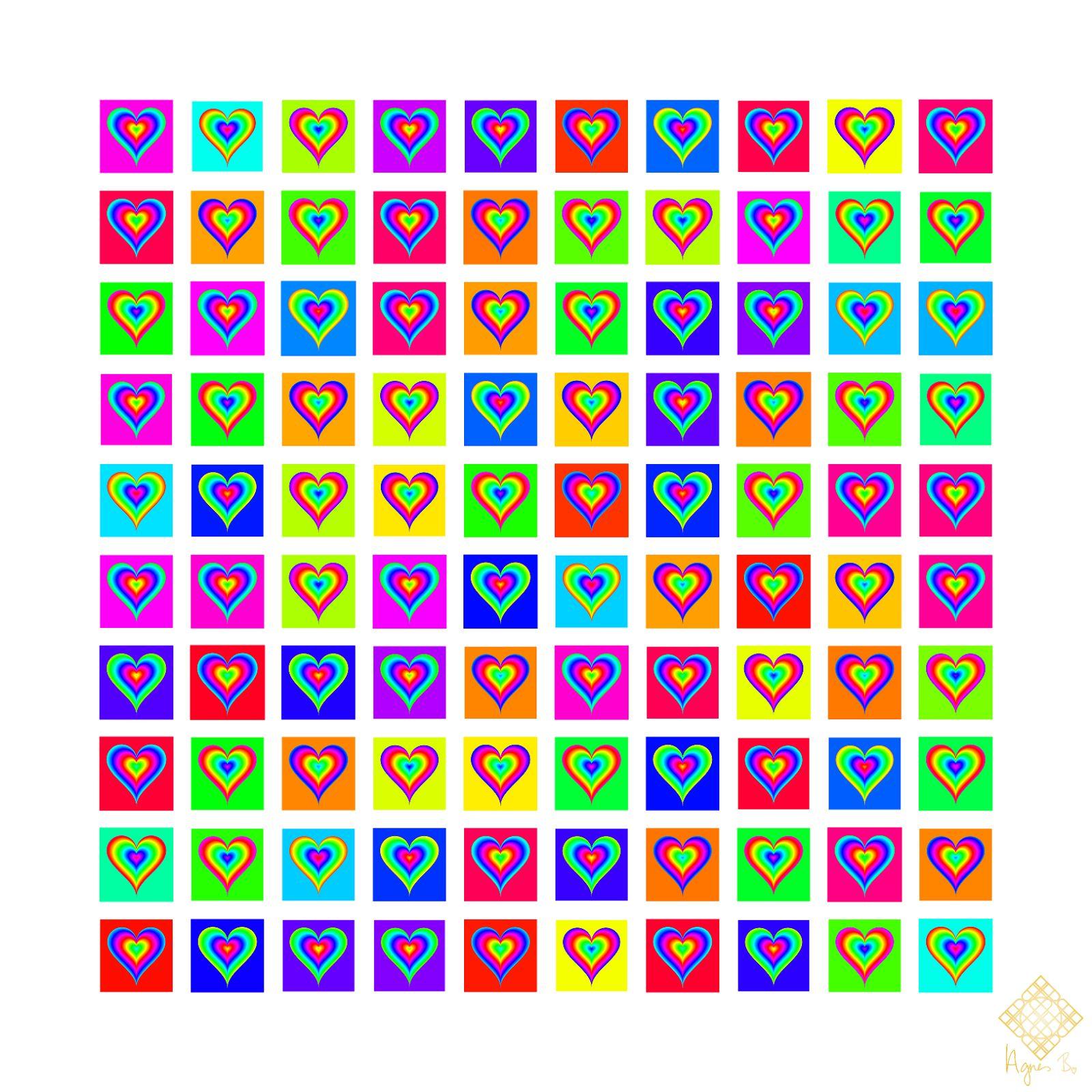 Agnes Beleznay Abstract Painting - 100 Rainbow Hearts
