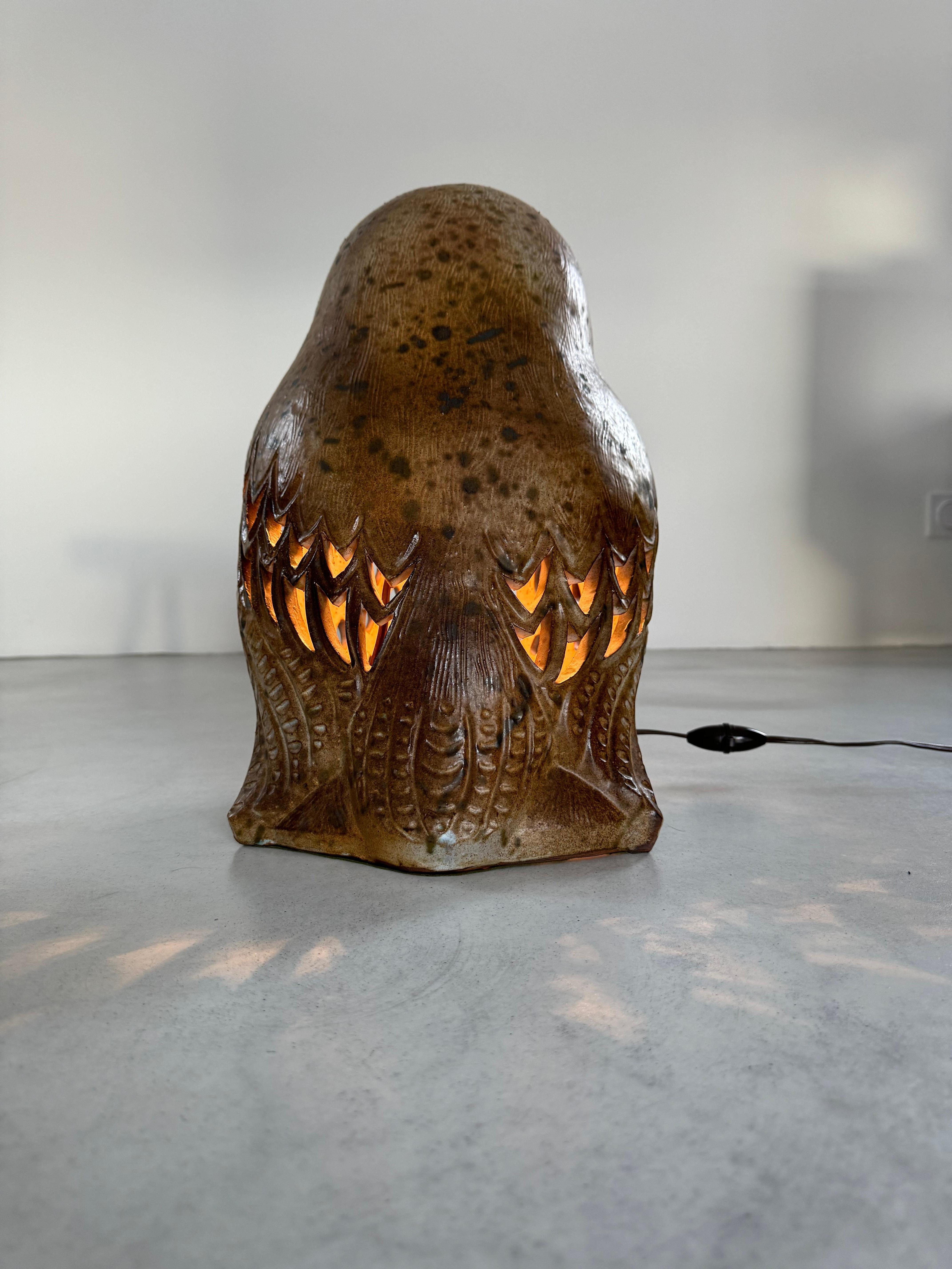 Enameled Agnès Escala, huge zoomorphic owl ceramic lamp, unique work, France 1970s For Sale
