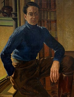 Elegant Seated Woman in Blue High Neck Sweater British Interior Portrait Oil