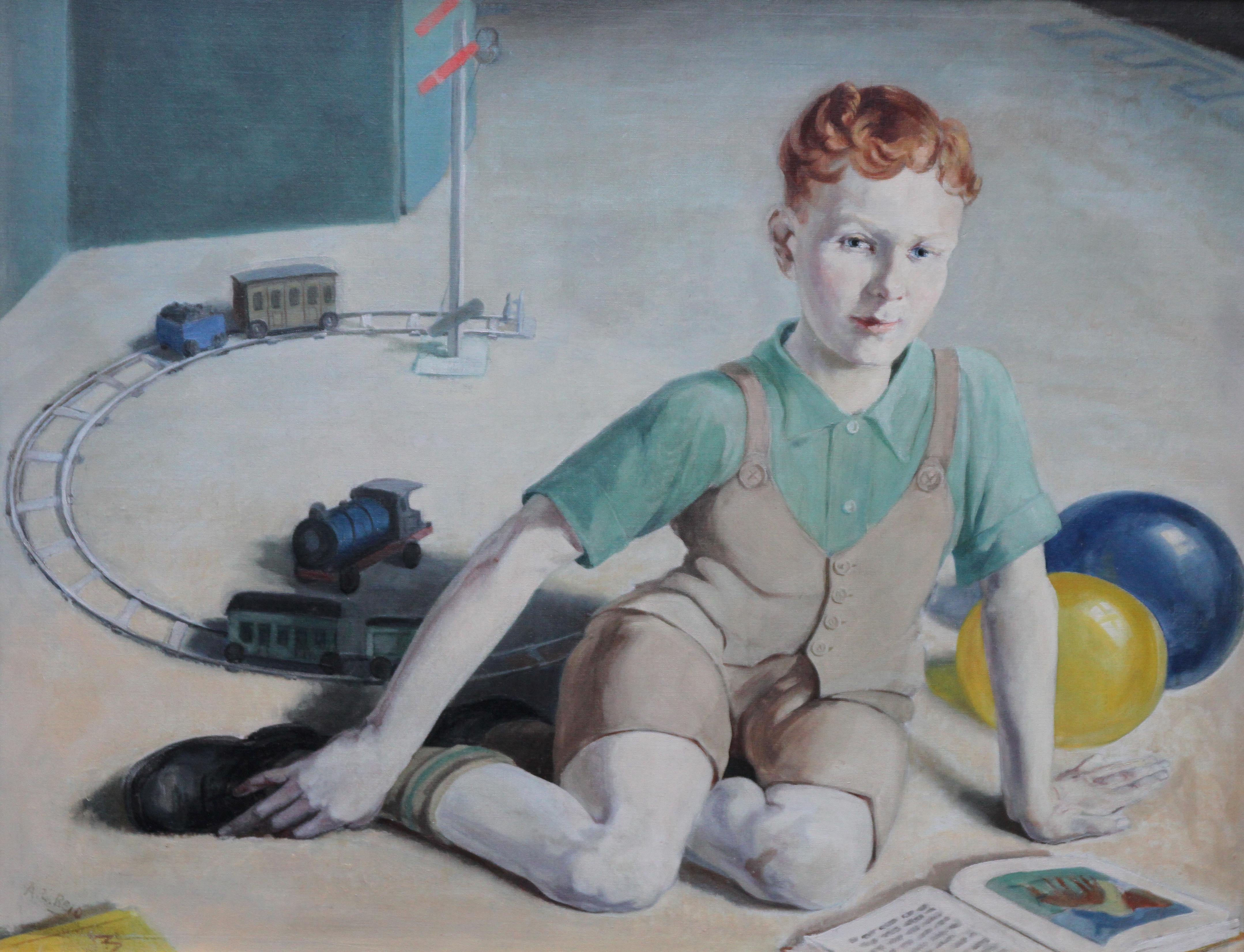 The Train Set – britisches Kunstinterieur-Ölgemälde der 20er-Jahre, Junge spielt eine Künstlerin im Angebot 4