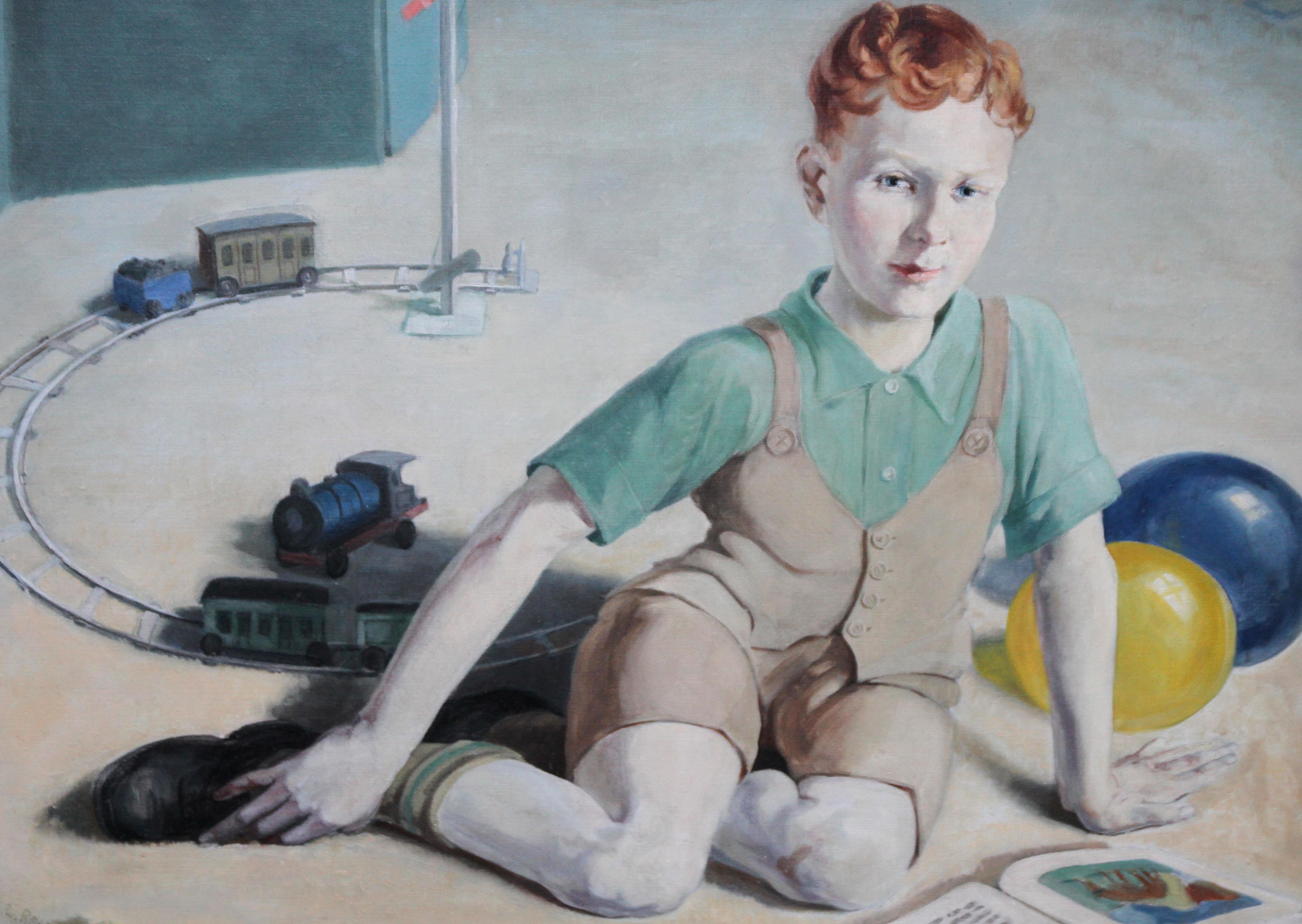 The Train Set - British 20's art interior oil portrait boy playing female artist - Realist Painting by Agnes L Reid