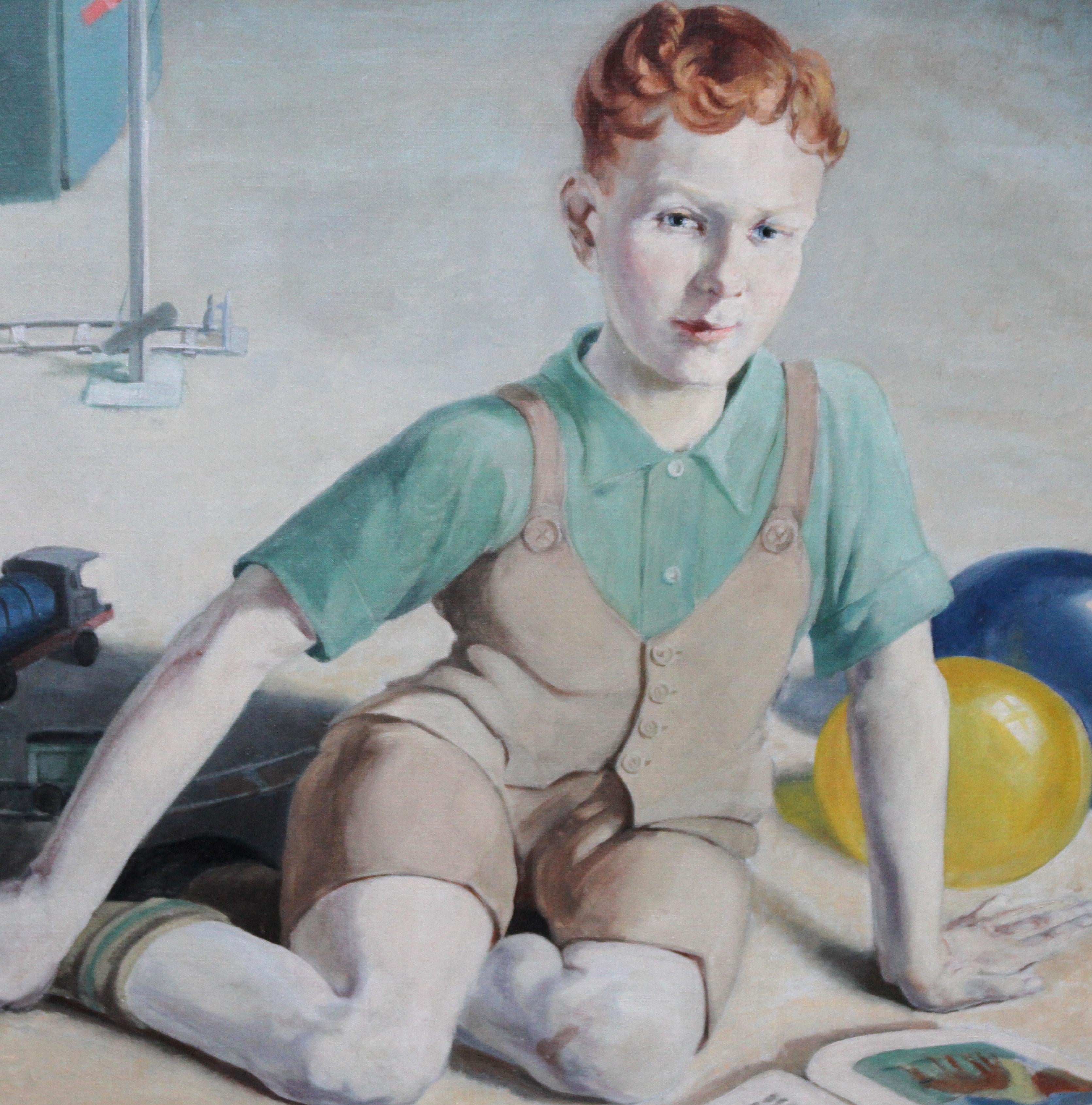 The Train Set – britisches Kunstinterieur-Ölgemälde der 20er-Jahre, Junge spielt eine Künstlerin (Realismus), Painting, von Agnes L Reid