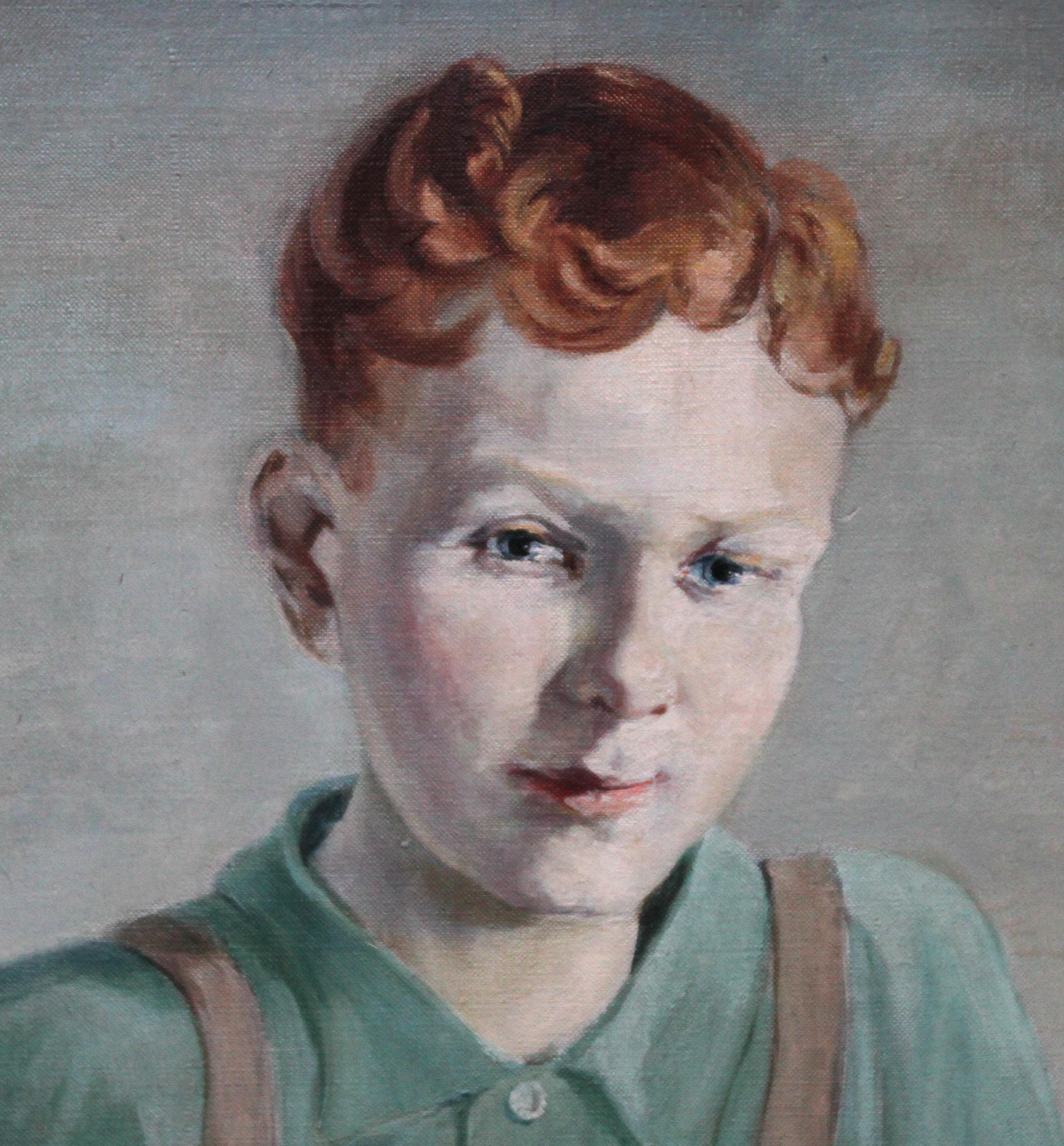 The Train Set - British 20's art interior oil portrait boy playing female artist For Sale 1