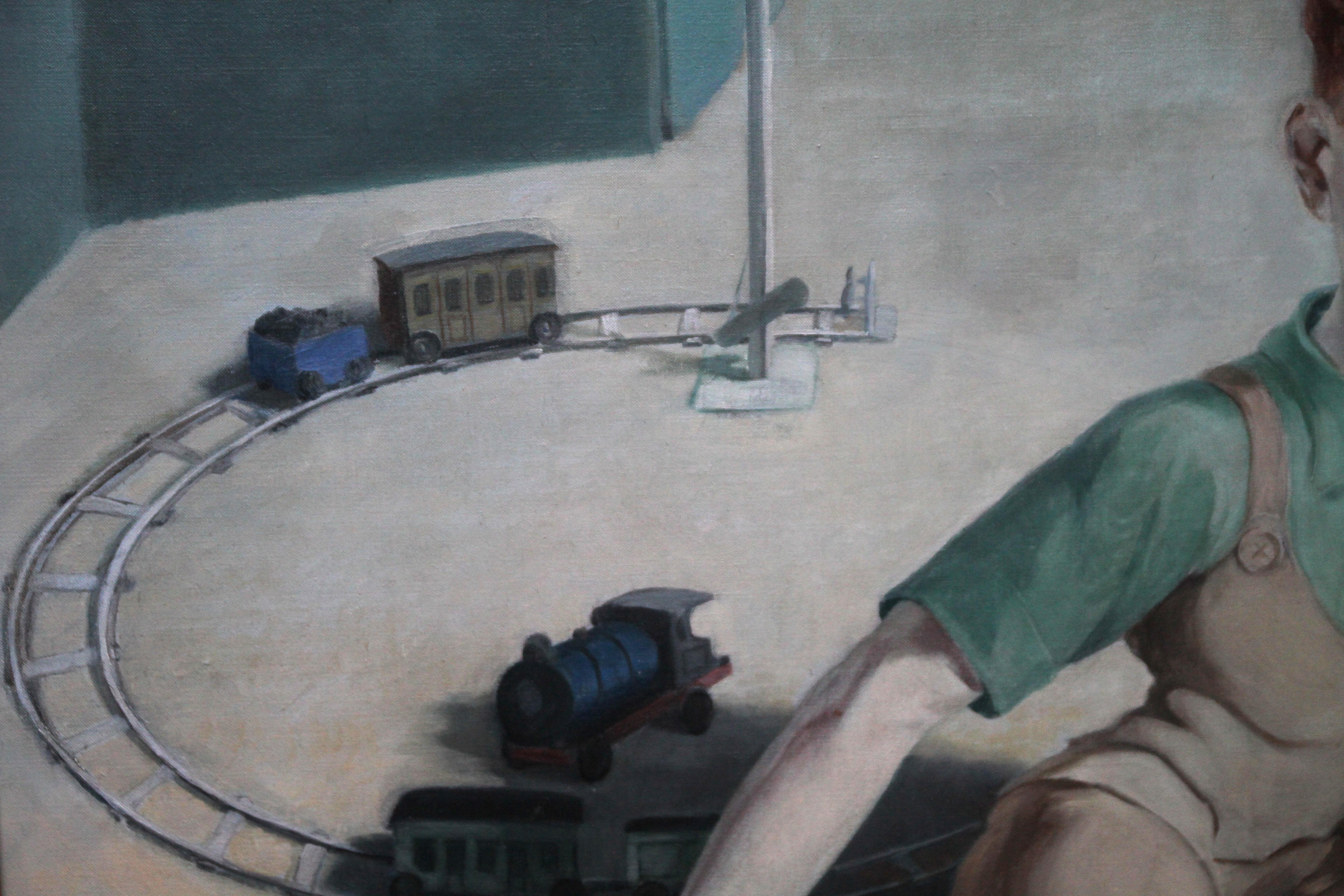 The Train Set – britisches Kunstinterieur-Ölgemälde der 20er-Jahre, Junge spielt eine Künstlerin im Angebot 2