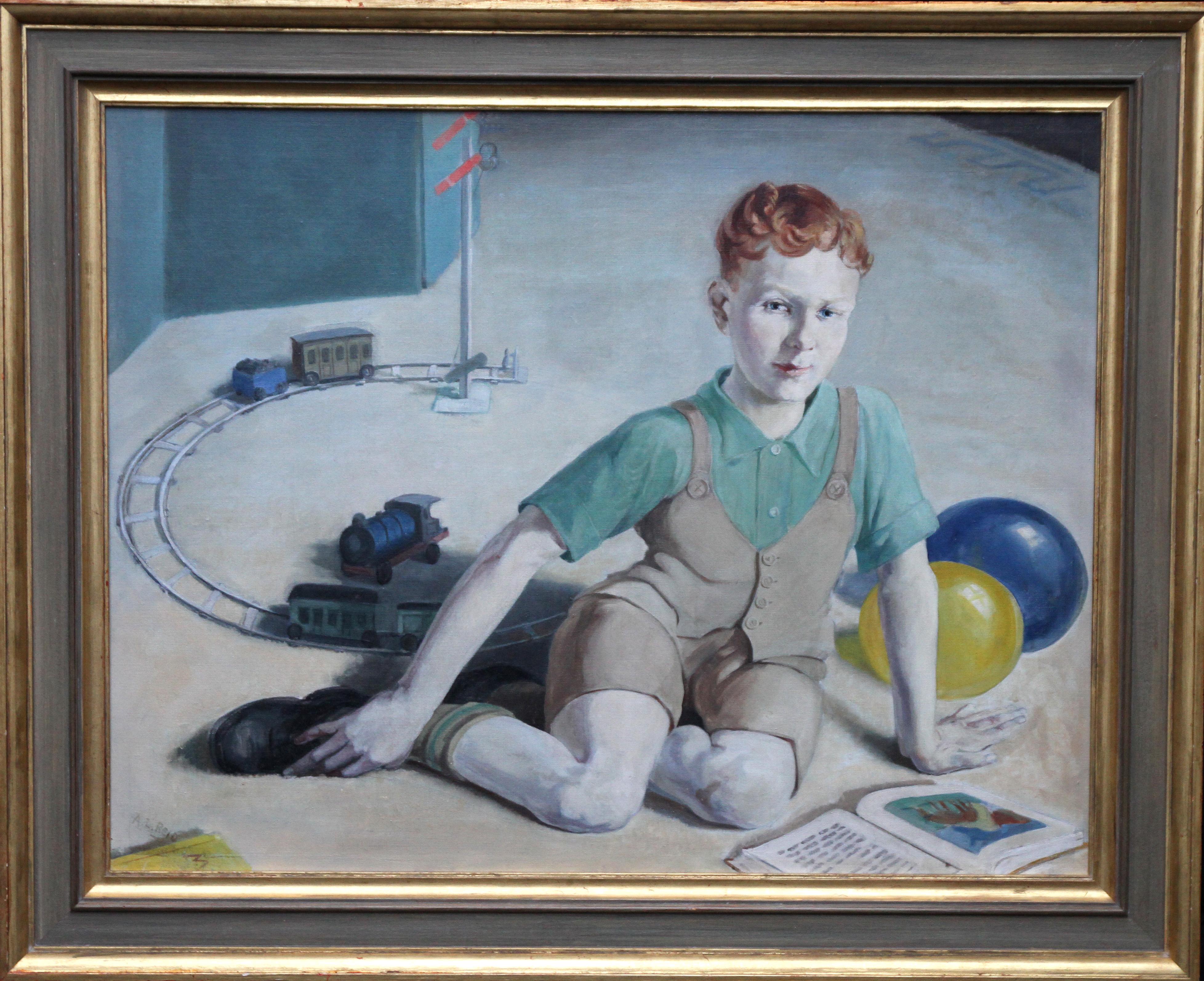 Agnes L Reid Portrait Painting – The Train Set – britisches Kunstinterieur-Ölgemälde der 20er-Jahre, Junge spielt eine Künstlerin