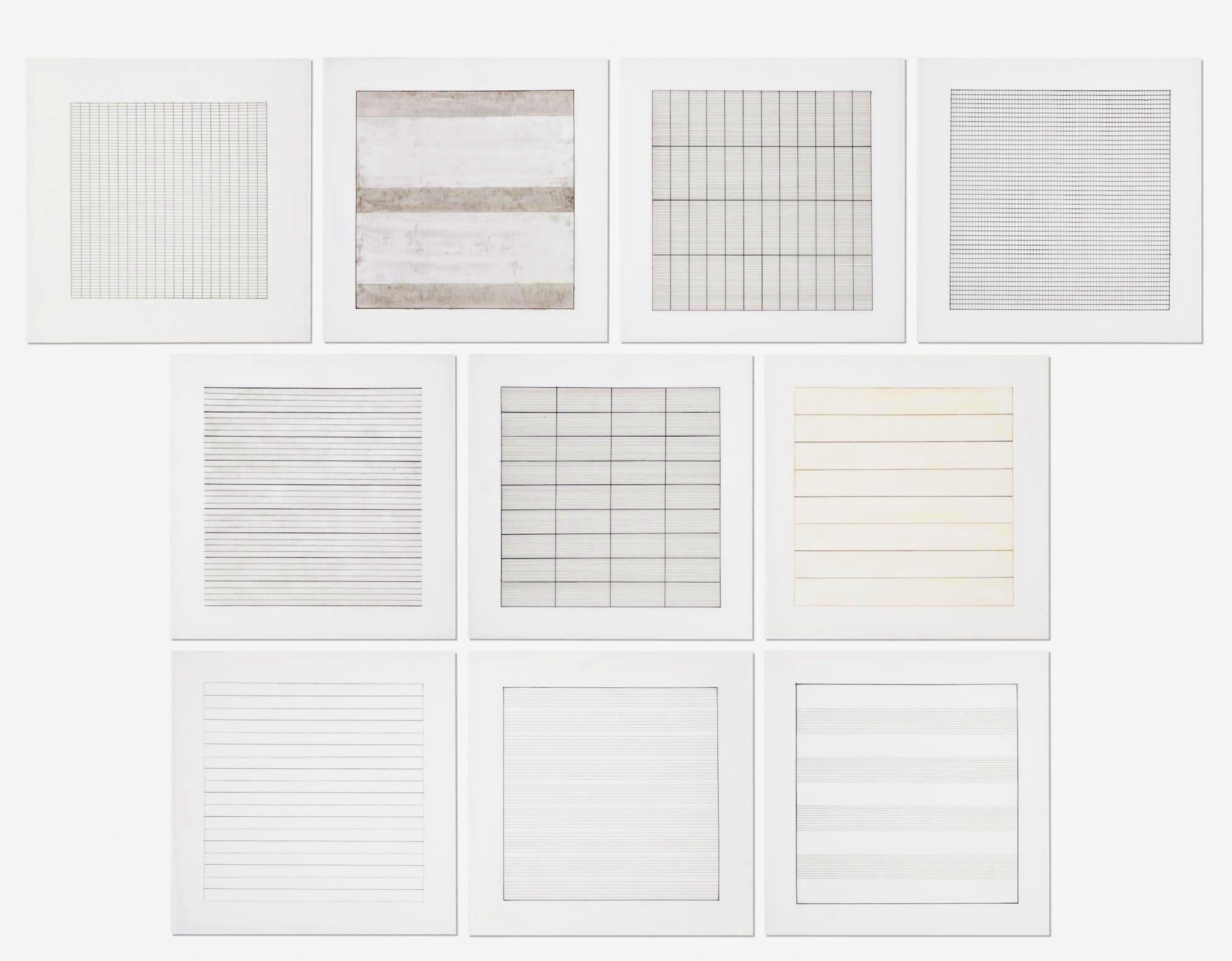 Agnes Martin Abstract Print - Paintings and Drawings: Suite of 10 Separate (Individual) lithographs on vellum 