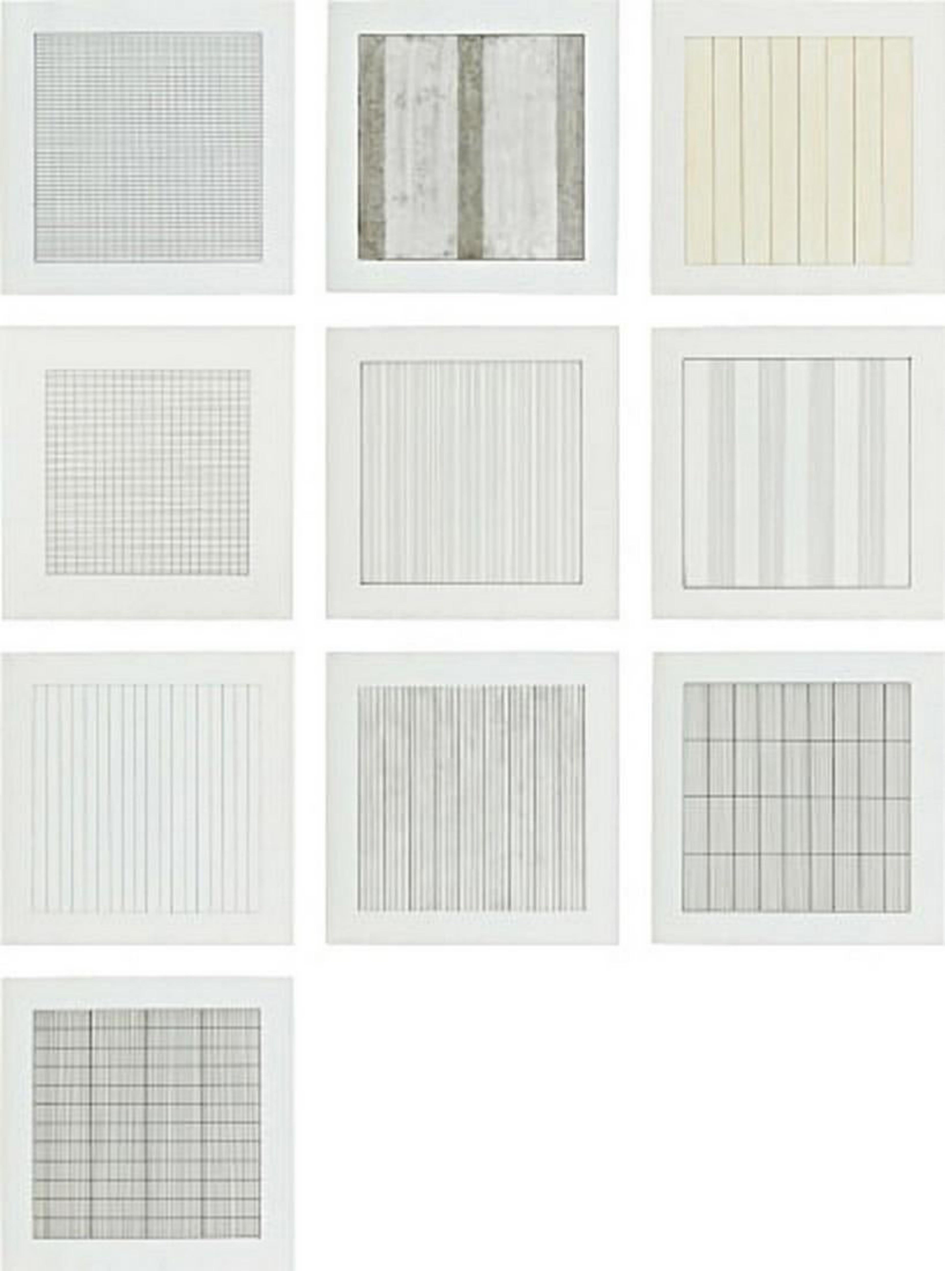 AGNES MARTIN
Paintings and Drawings 1974-1990: Stedelijk Museum, Amsterdam, 1991
The complete set of 10 lithographs in colours, on vellum parchment paper, with full margins, the sheets loose (as issued) all contained in the original grey card