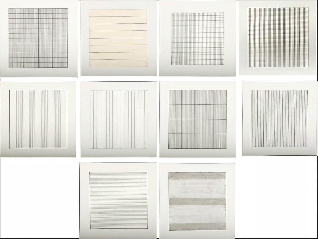 Peintures et dessins : Suite de 10 lithographies séparées (individuelles) sur vélin  - Mixed Media Art de Agnes Martin