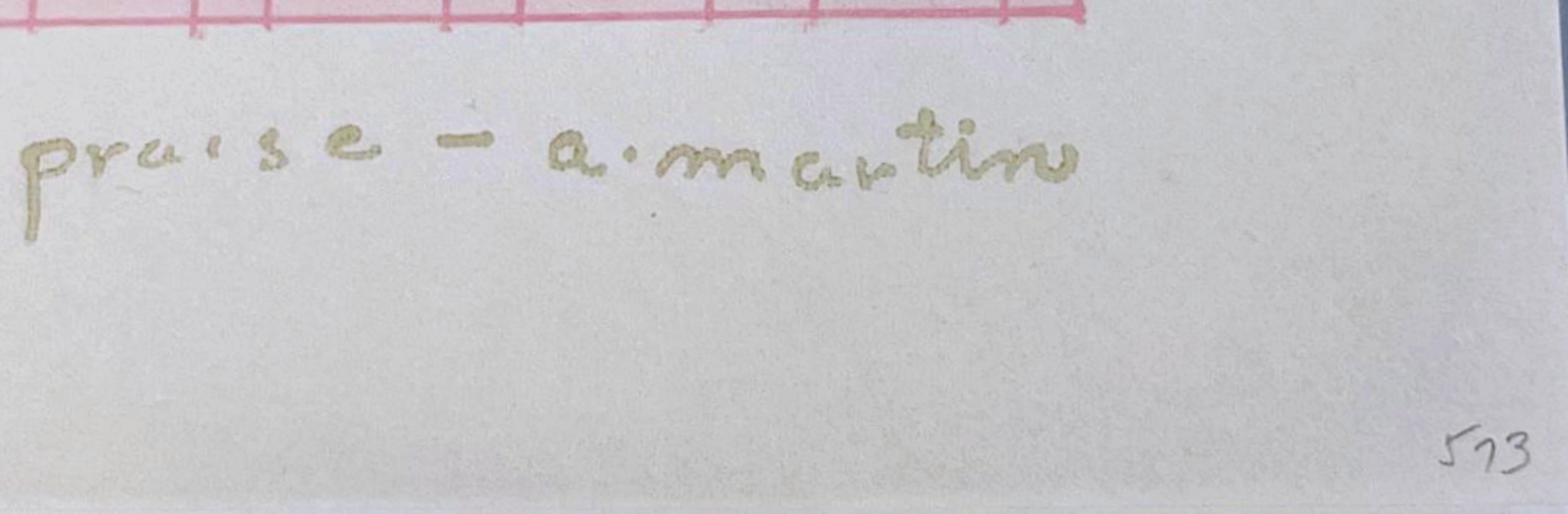 AGNES MARTIN
Lob, 1976
Lithographie auf Dalton Natural Bond Papier. Goldgeprägte Signatur auf der Vorderseite
Nummeriert 593 in Bleistift auf der Vorderseite, aus der limitierten Auflage von 1000
Begleitet von dem Originalumschlag (siehe Foto)
11 ×