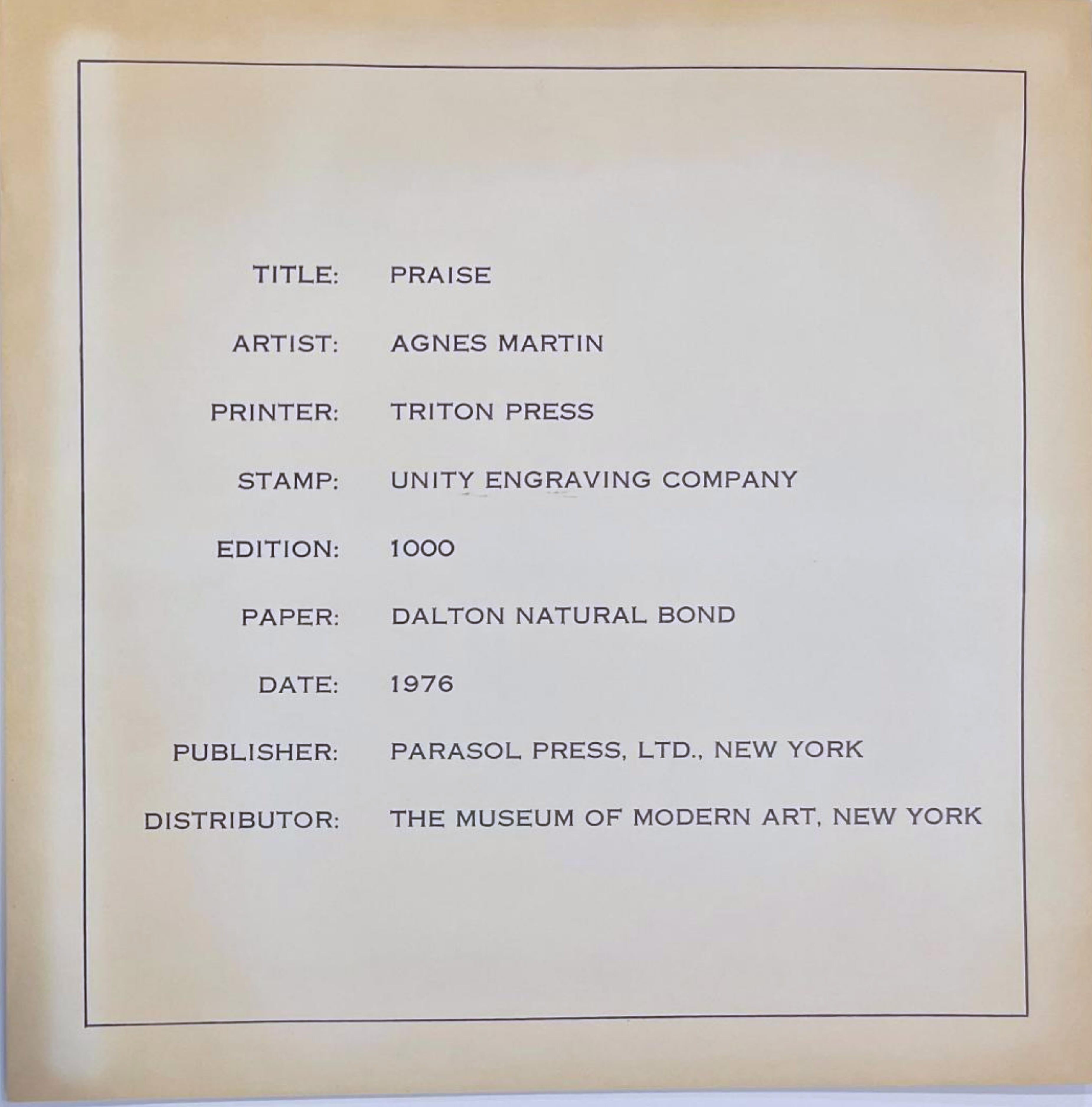 AGNES MARTIN
Lob, 1976
Lithographie auf Dalton Natural Bond Papier. Goldgeprägte Signatur auf der Vorderseite
Ein nicht nummerierter Probedruck, abgesehen von der regulären Auflage von 1000 Stück
Begleitet von dem Originalumschlag (siehe Foto)
11 ×