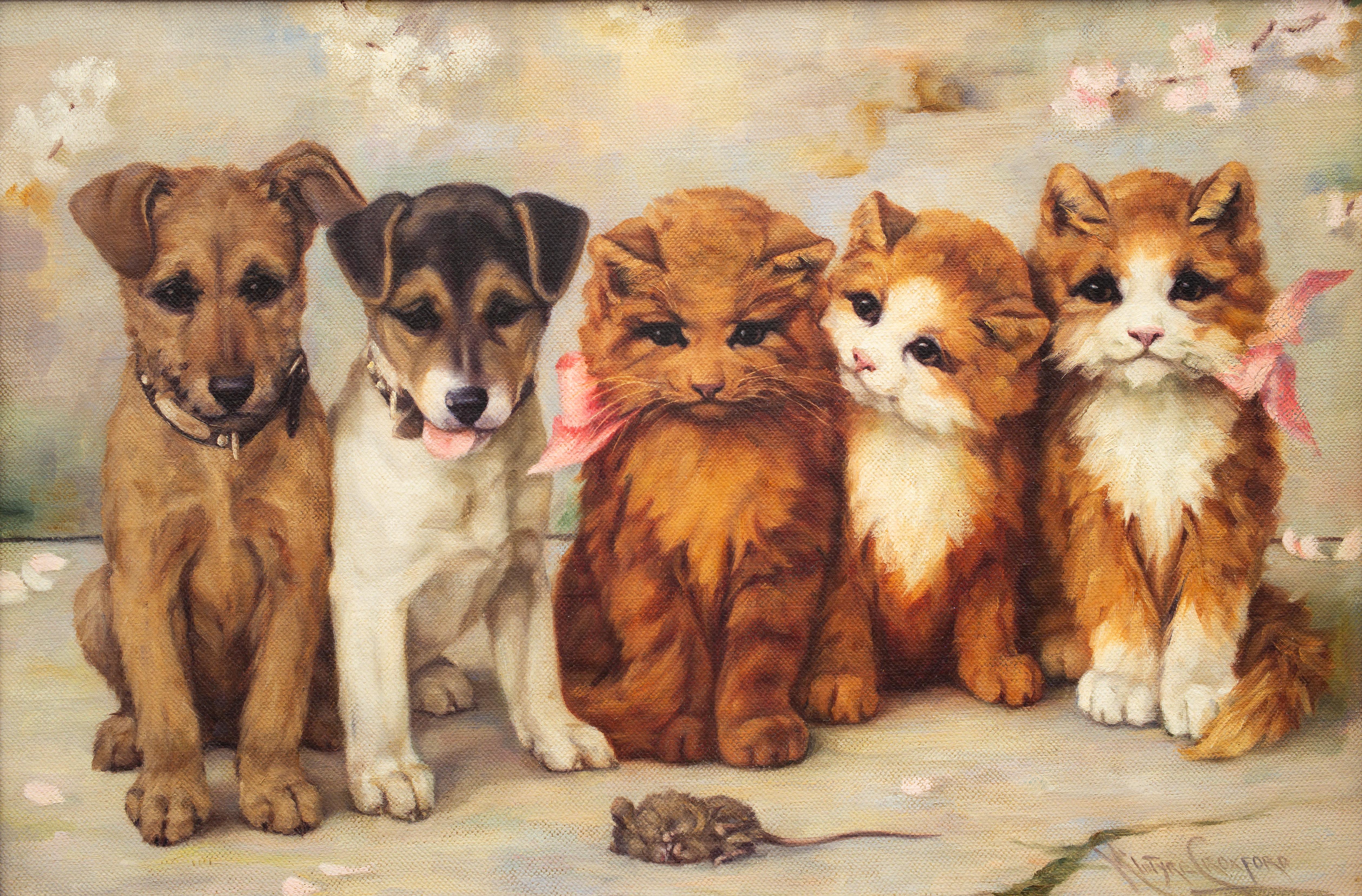 Friends, Kittens and Puppies Painting by British Artist Agnes McIntyre Croxford  For Sale 1