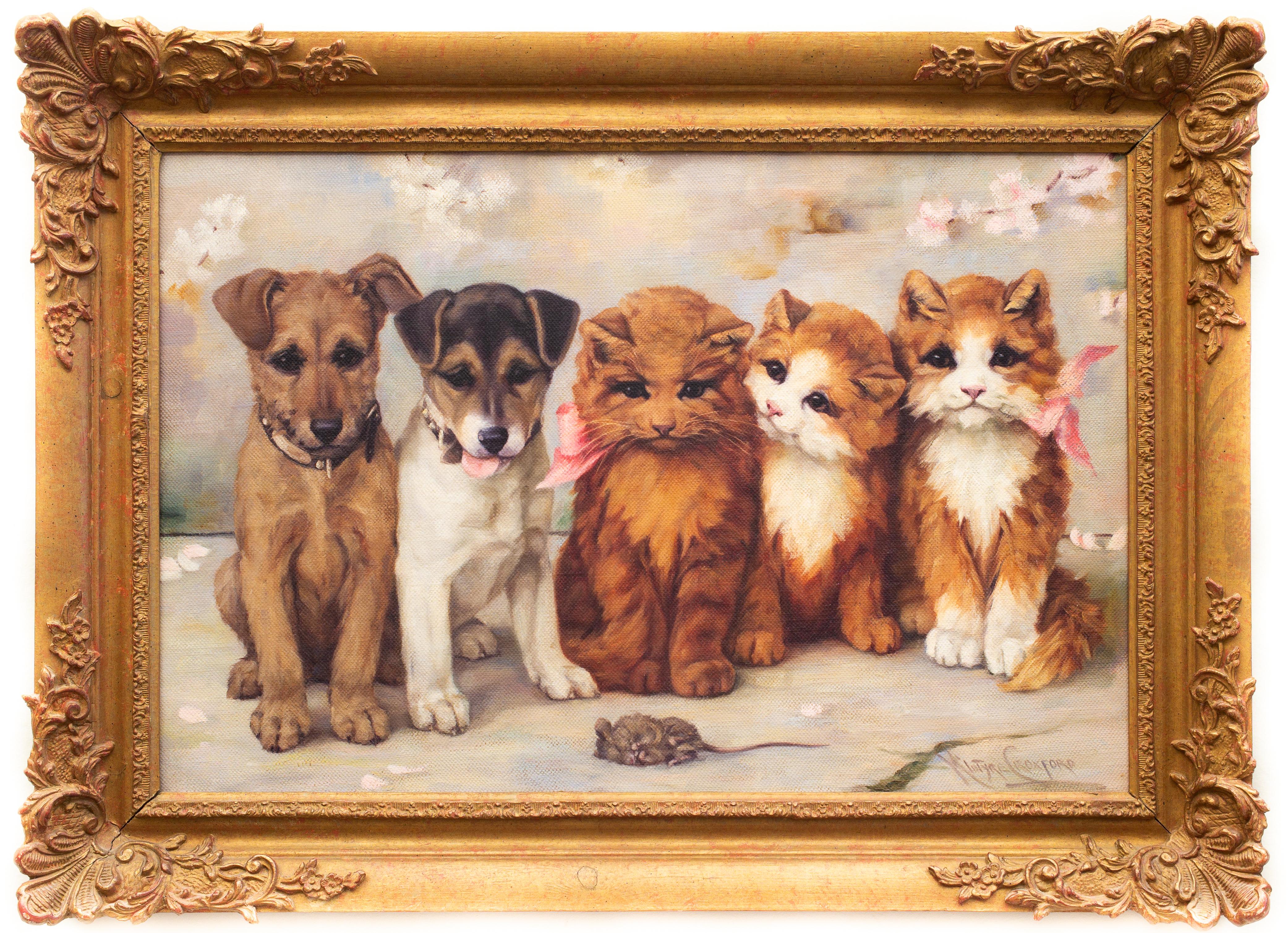 "Friends" by Agnes McIntyre Croxford is a testament to the artist's ability to capture the delicate balance of harmony and curiosity in the animal kingdom. This painting presents two small dogs and three cats seated together, all gazing