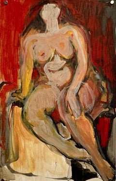 1950s "Female Nude, Red Wall" Figurative Painting NYC Bauhaus Artist 