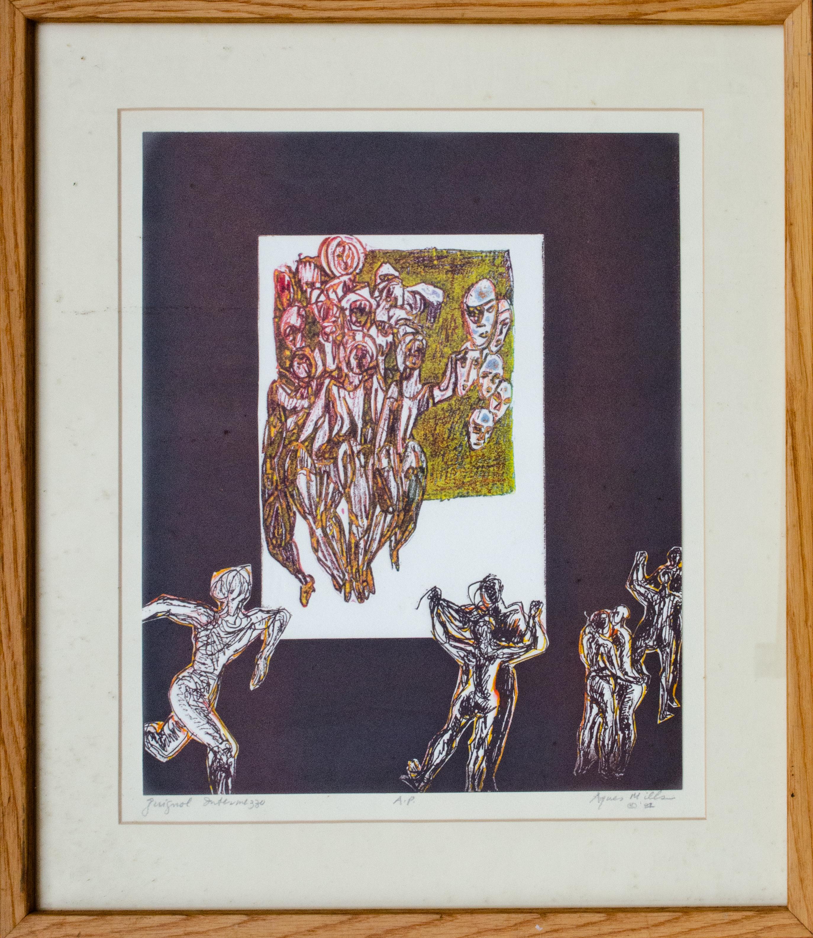 Acquaforte colorata a mano dell'artista della WPA Agnes Mills, 1982, unica nel suo genere