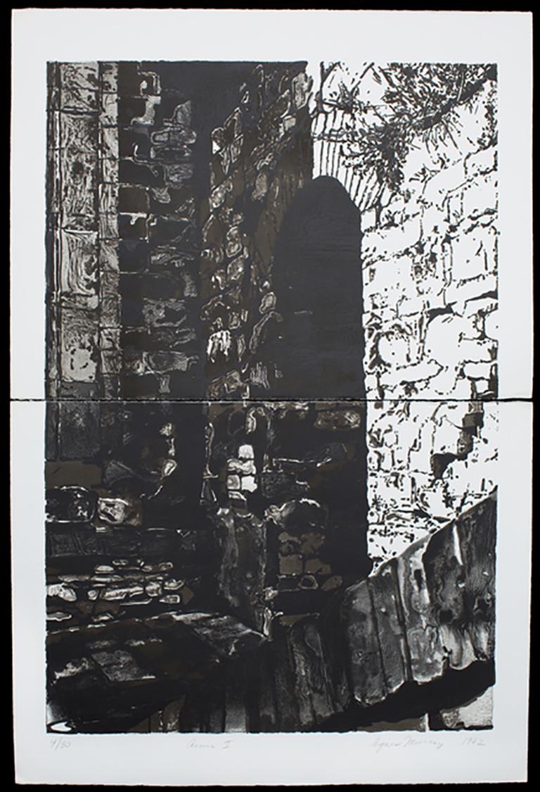 Agnes Murray Landscape Print - Assisi I,  monochromatic hand pulled print, architectural 