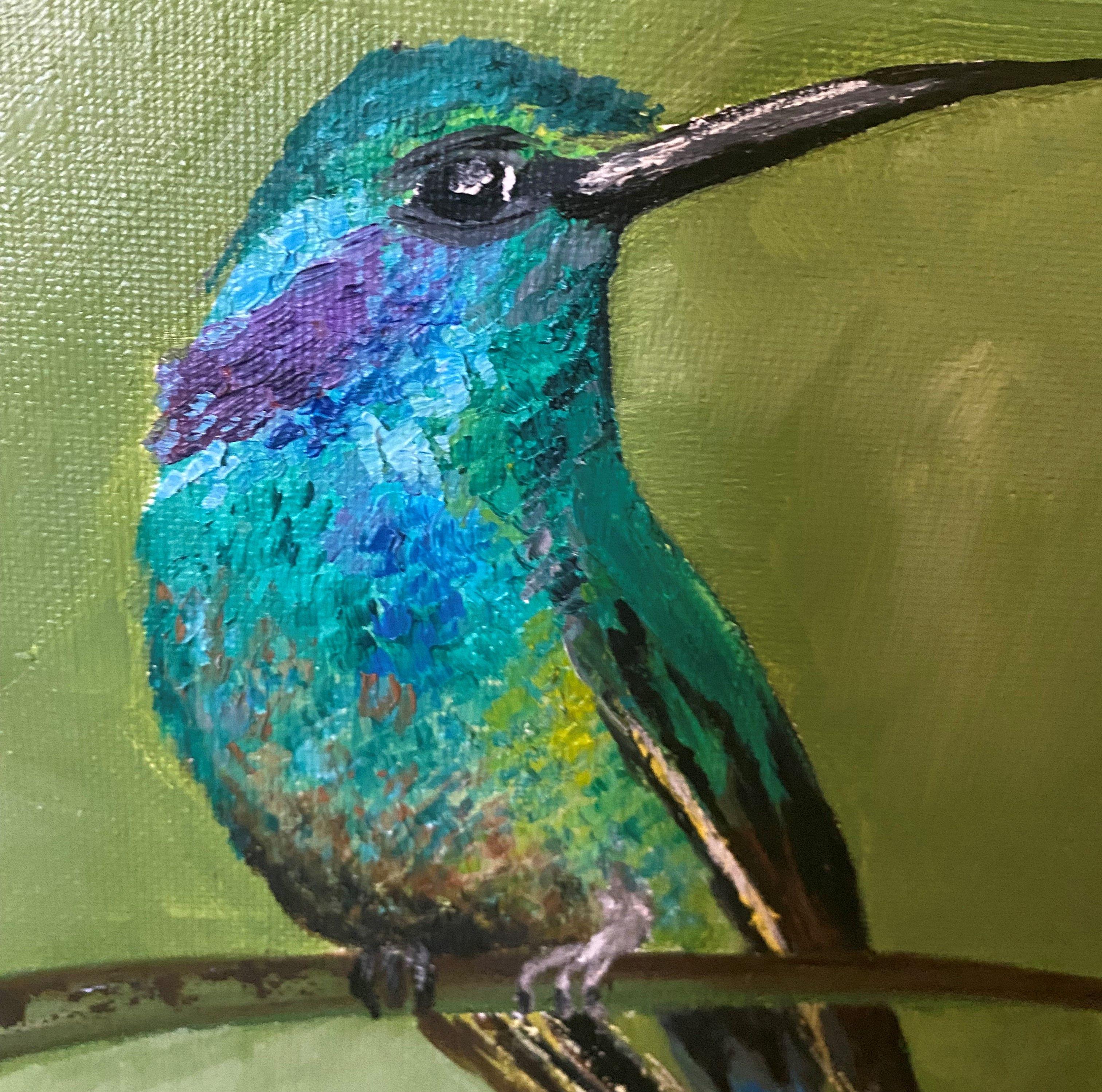 Kolibris - einer meiner Lieblingsvögel in Nevada. Sie sind so winzig und schön, aber auch sehr stark und herrisch. Ich liebe es, sie am Abend zu beobachten, wenn sich die Sonne in ihren winzigen, aber sehr bunten Federn spiegelt :: Gemälde ::