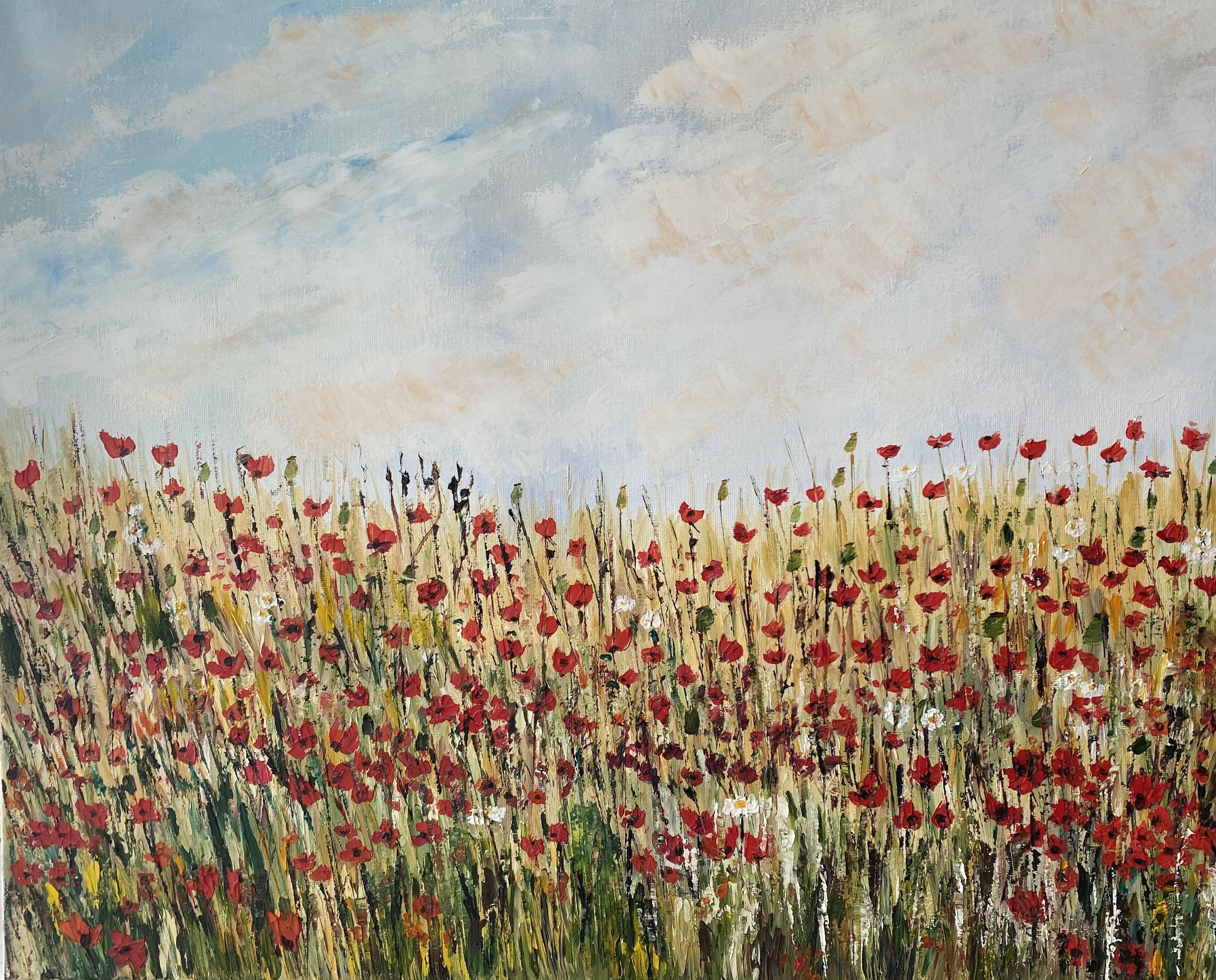 Poppy field under cloudy sky. Beautiful, warm summer day, delicate poppies moving with the wind and the smell of summer - my childhood memory that inspired this painting.  A textured painting with multiple layers using palette knife. :: Painting ::