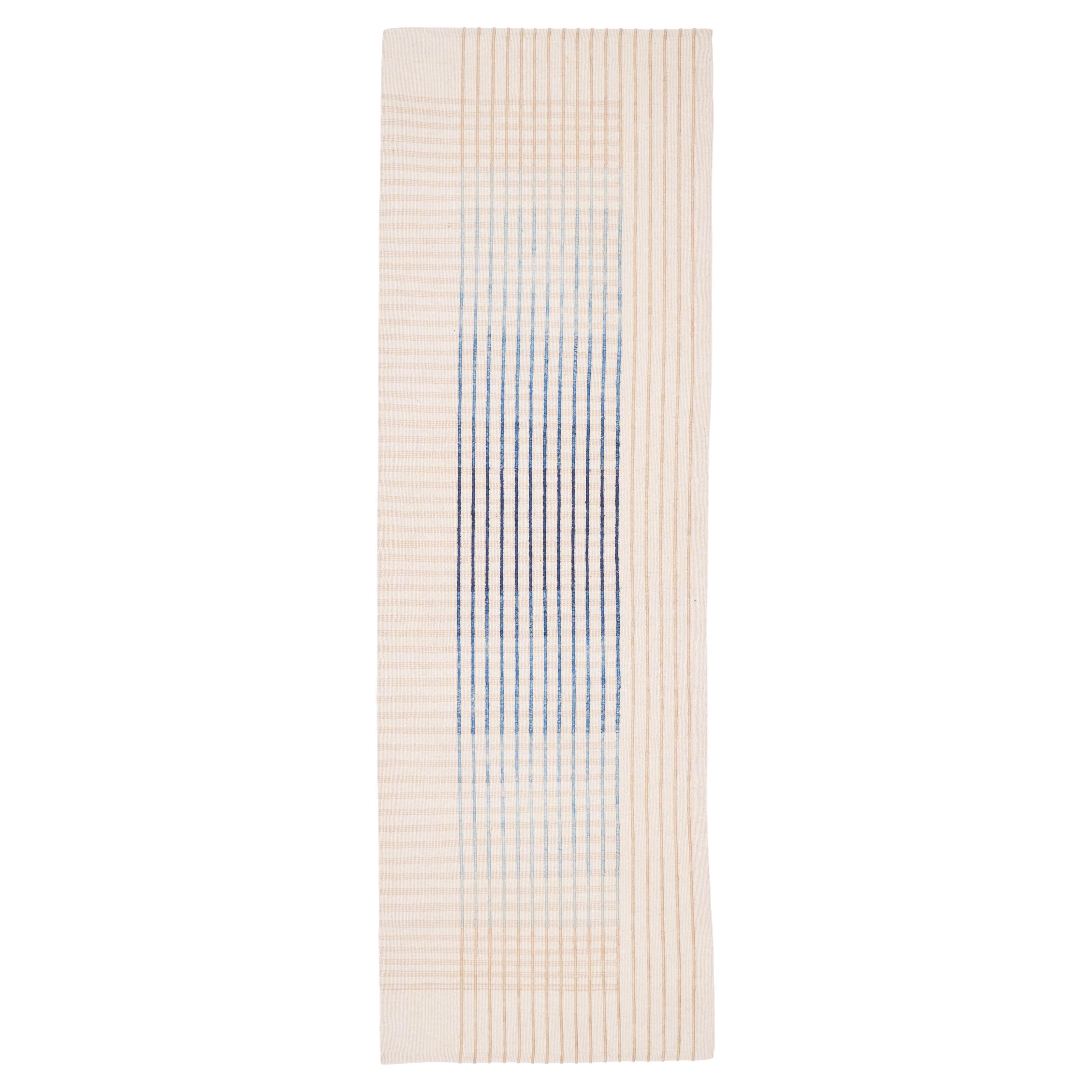 Agnes Runner Ivory and Blue Contemporary Handwoven Wool Rug