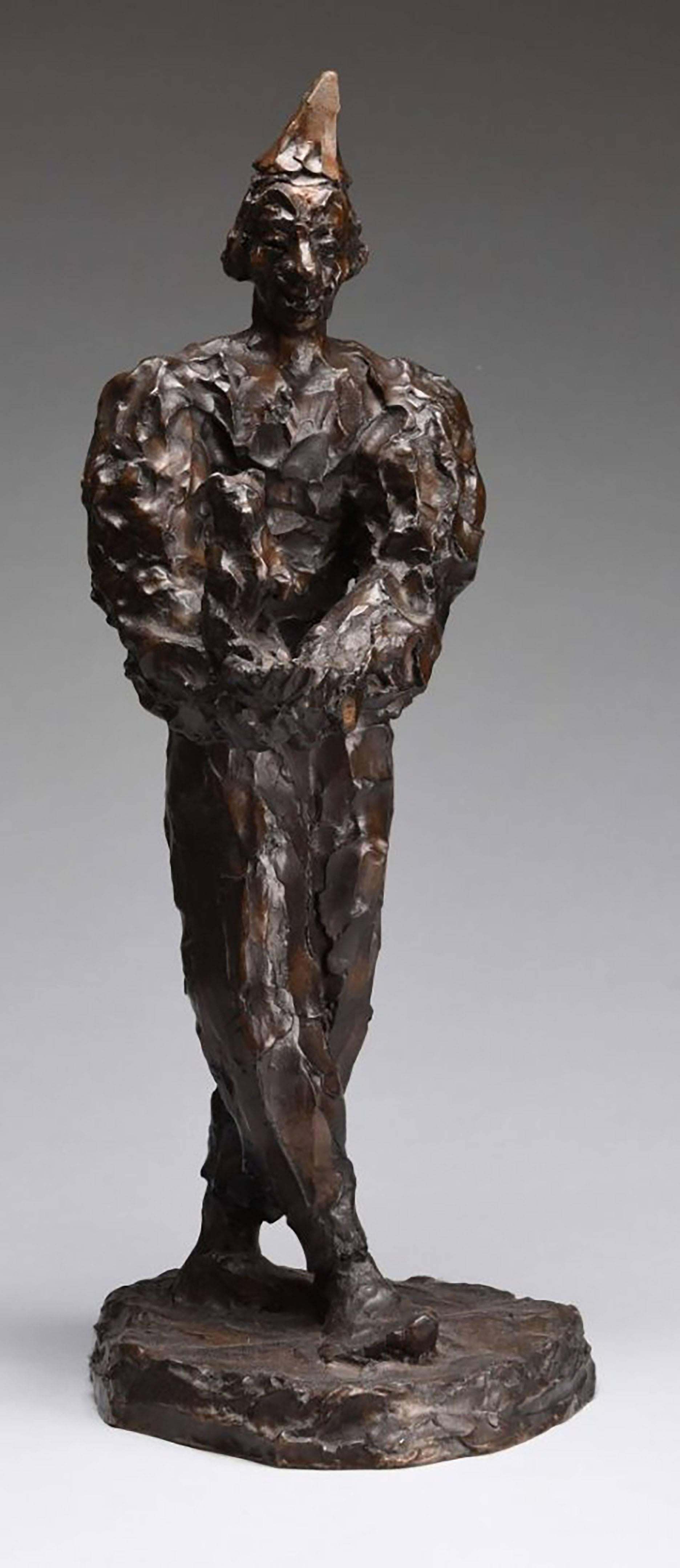 Clown Holding Teddy Bear, Unique Bronze Expressionist Sculpture - Gold Figurative Sculpture by Agnes Yarnall